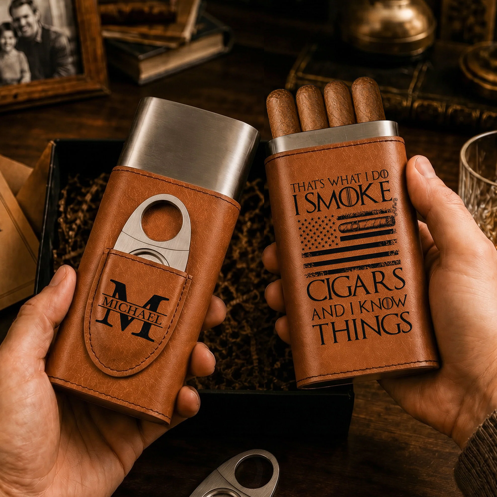 That's What I Do I Smoke & I Know Things - Gifts For Him, Travel Leather Case With Cutter - Personalized Cigar Case - Image 6