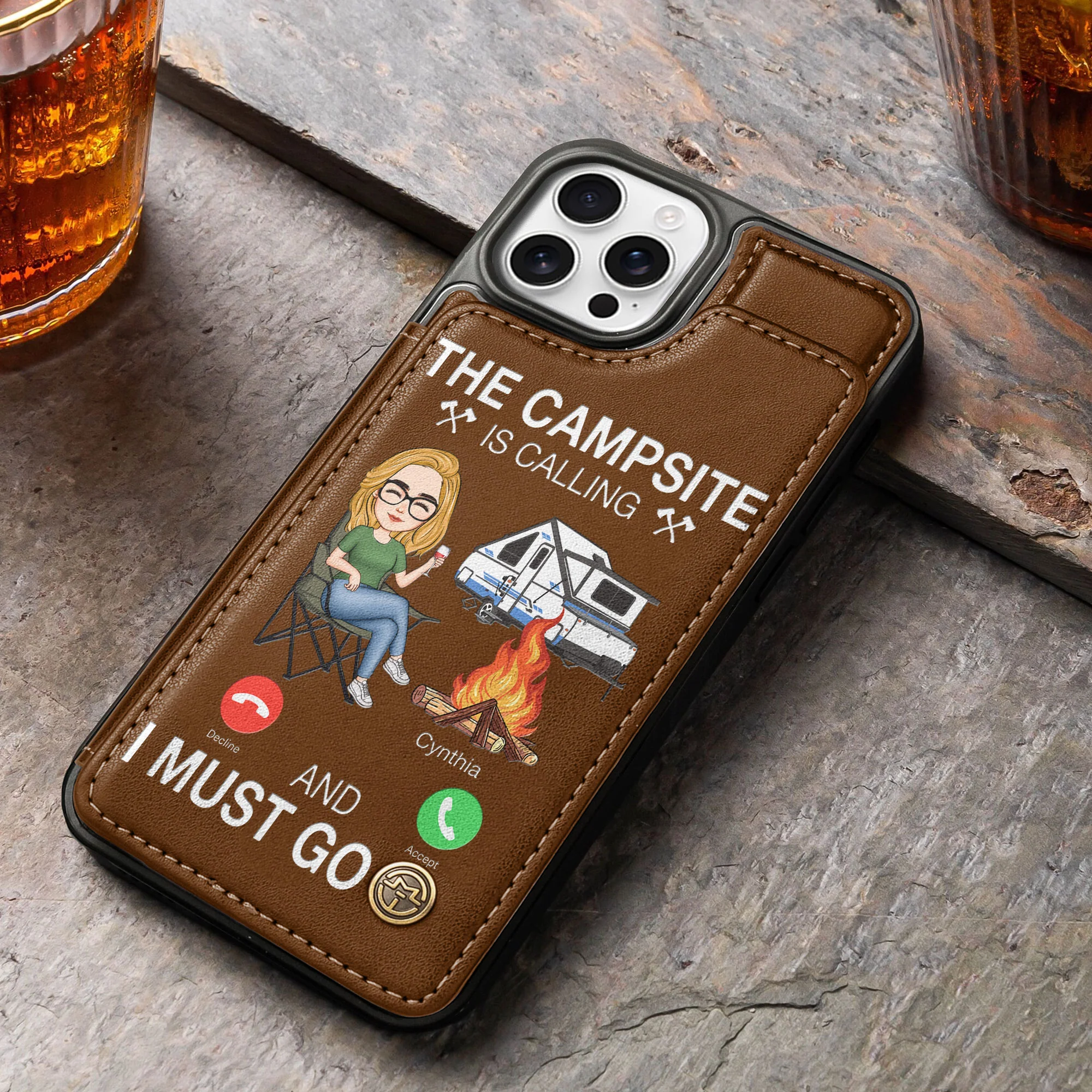 The Campsite Is Calling... And I Must Go - Personalized Leather Flip Wallet Phone Case - Image 2