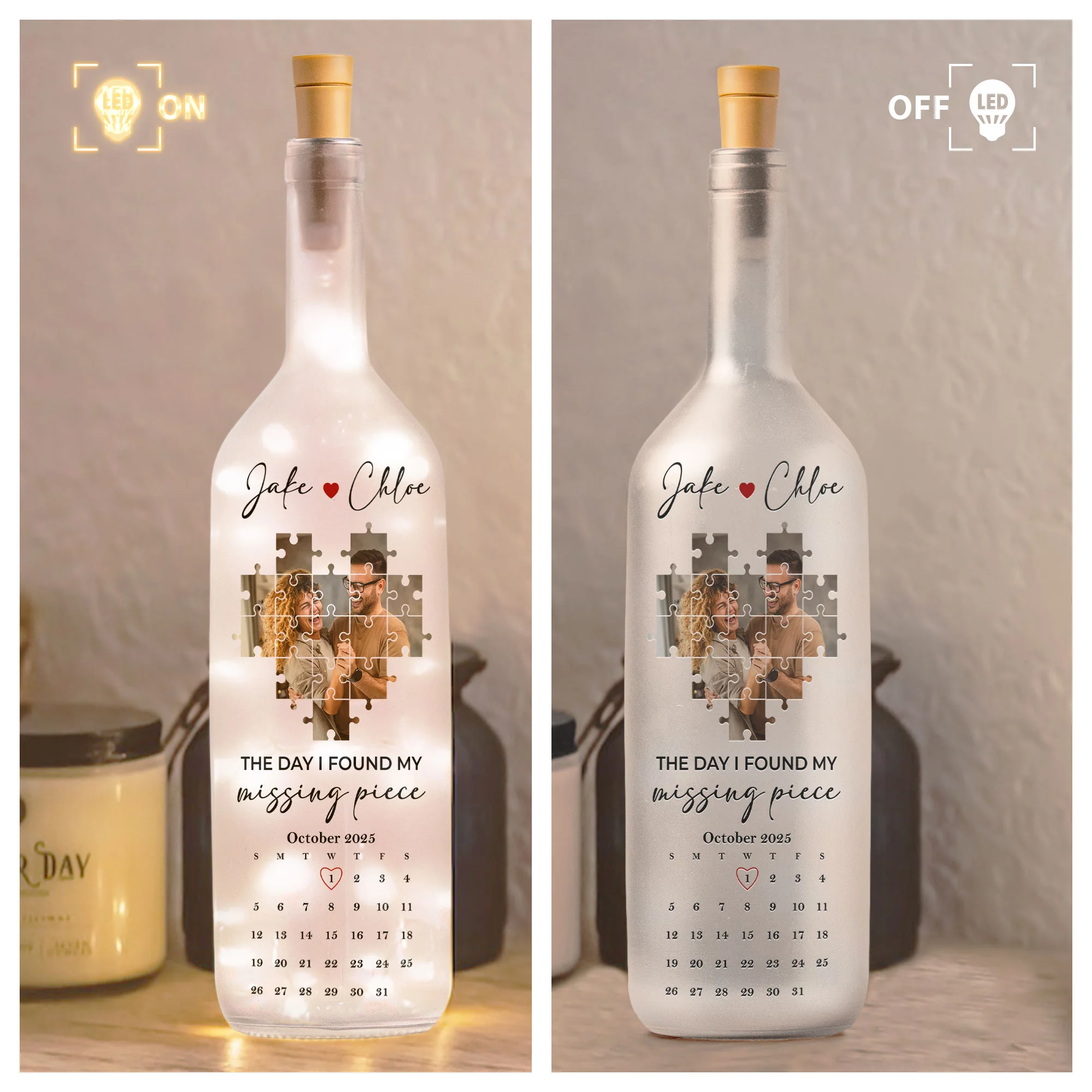 The Day I Found My Missing Piece Couple Gift - Personalized Photo Bottle Lamp - Image 4