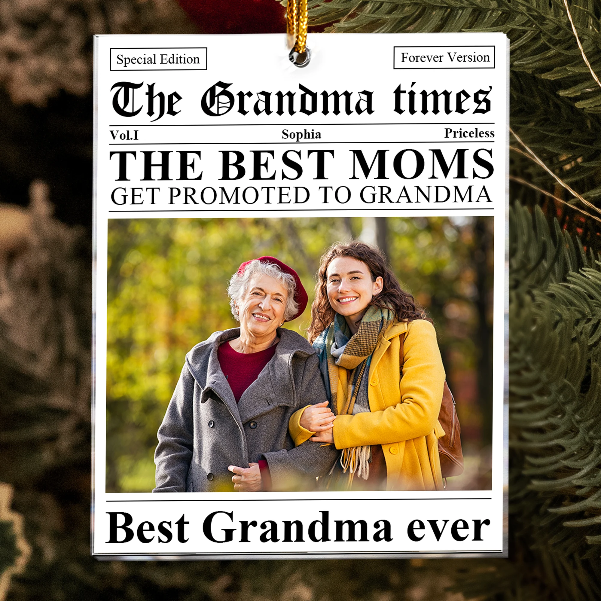 The Grandma Times Grandma Gifts Newspaper - Personalized Acrylic Photo Ornament - Image 2