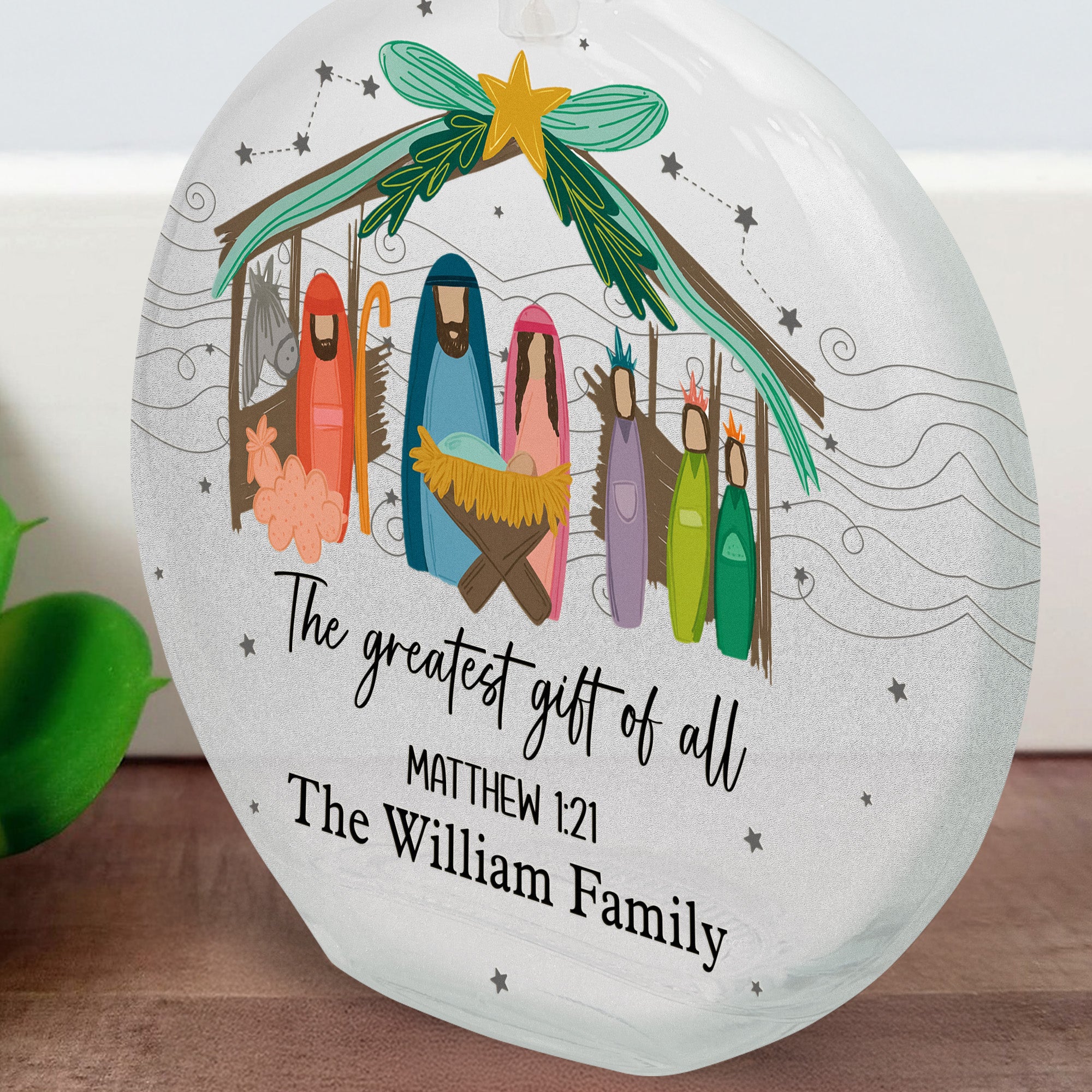 The Greatest Gift Of All Christmas Nativity Scene - Personalized Round Flat Bottle Light - Image 3