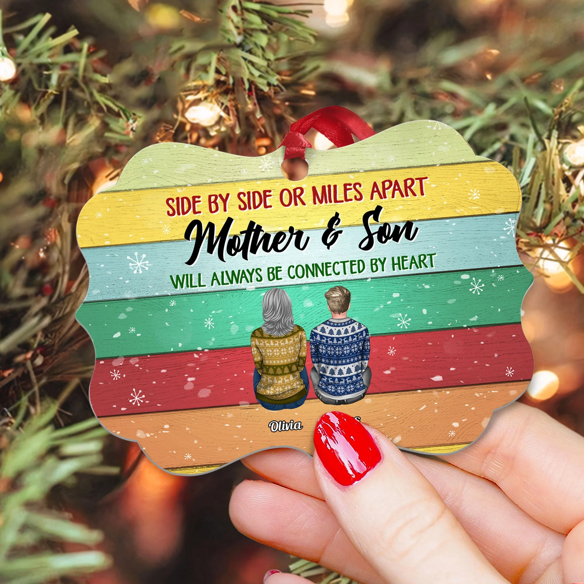 The Love Between Mother And Son Is Forever - Personalized Aluminum Ornament - Ugly Christmas Sweater Sitting - Image 3