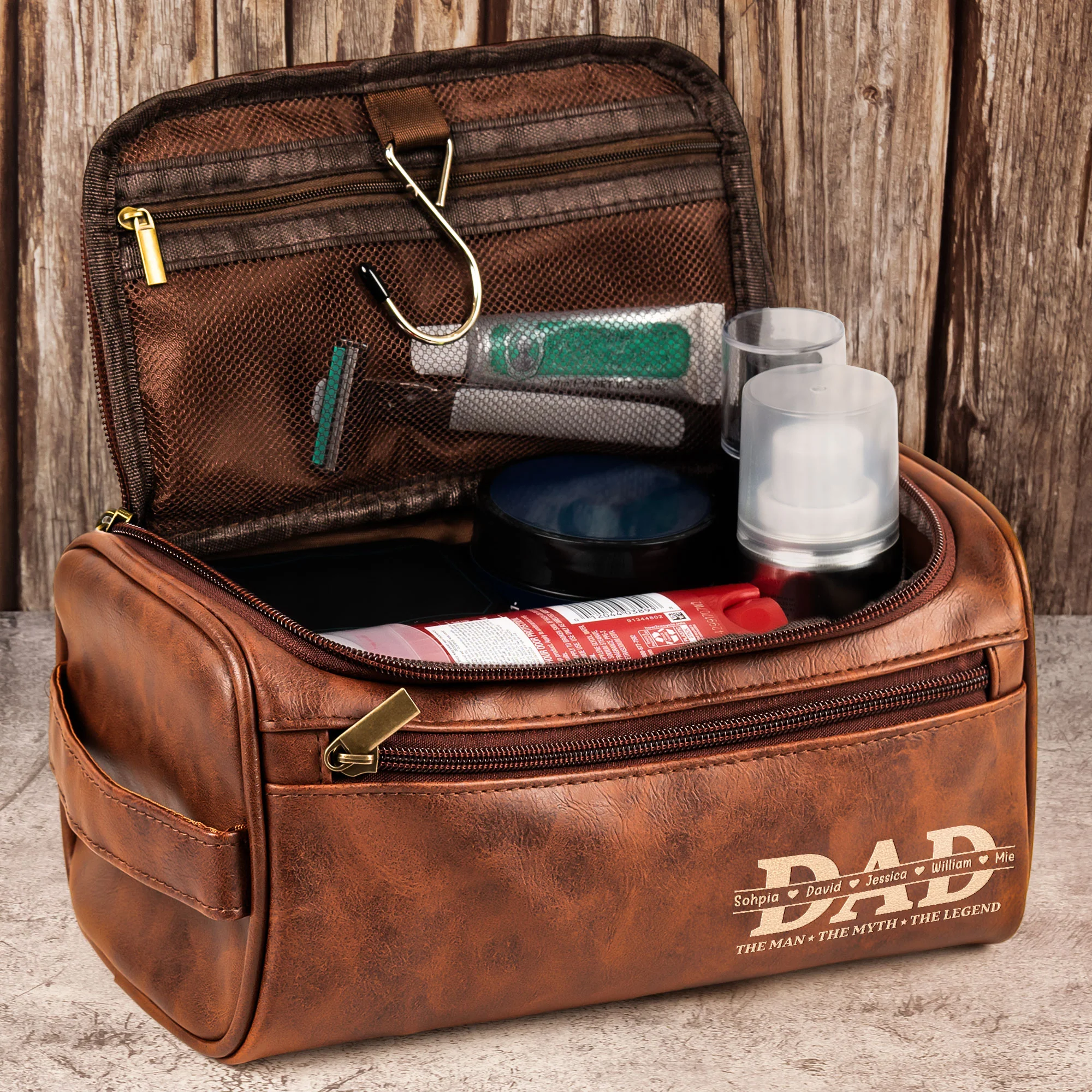 The Man, The Myth, The Legend Custom For Dad, Grandpa - Personalized Leather Toiletry Bag - Image 3