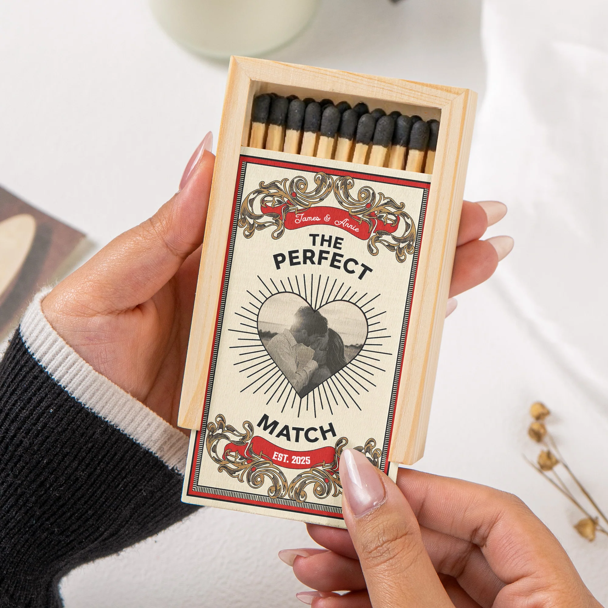 The Perfect Match - Couple Anniversary Gifts, Valentine's Day Gifts - Personalized Wooden Photo Matchbox - Image 2
