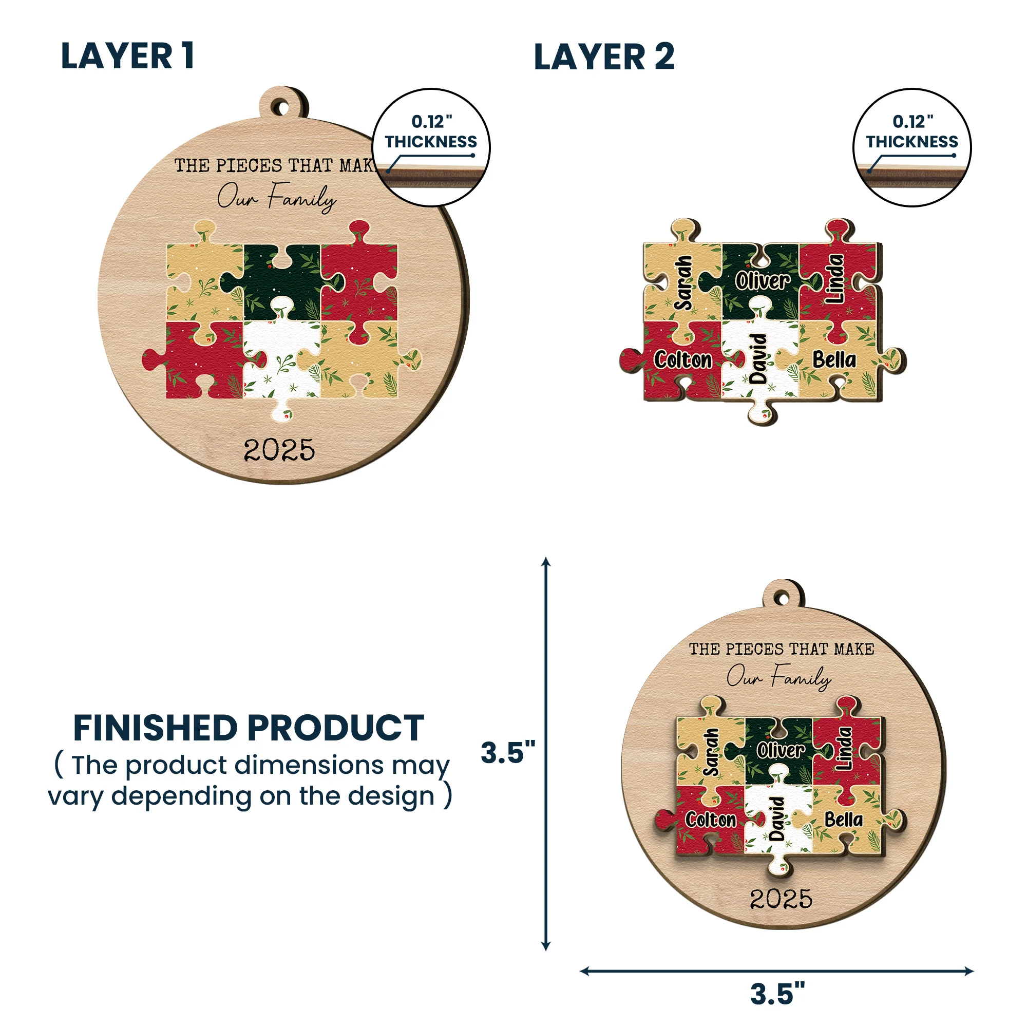 The Pieces That Make Our Family Christmas 2 Layers Ornament - Personalized Wooden Ornament - Image 4