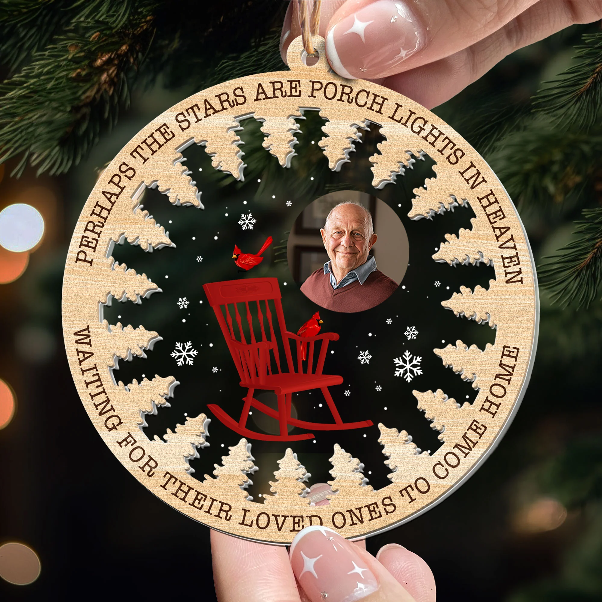 The Stars Are Porch Lights In Heaven Memorial - Personalized Photo Wood And Acrylic Ornament - Image 2