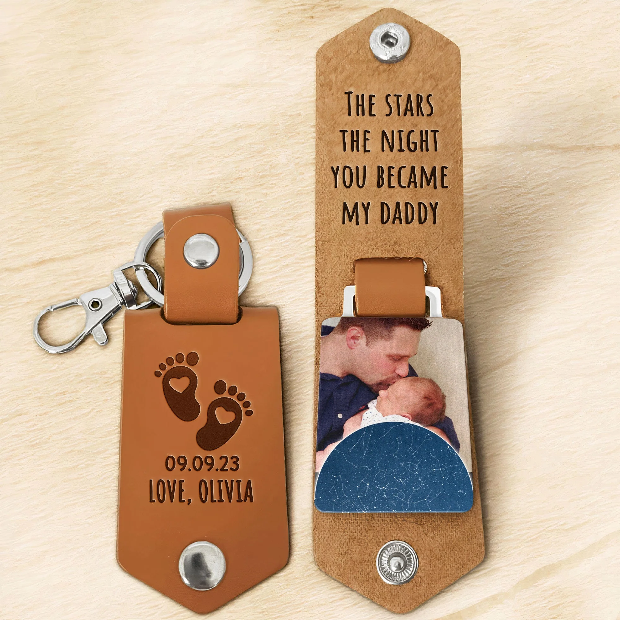 The Stars The Night You Became My Daddy - Personalized Leather Photo Keychain - Image 5
