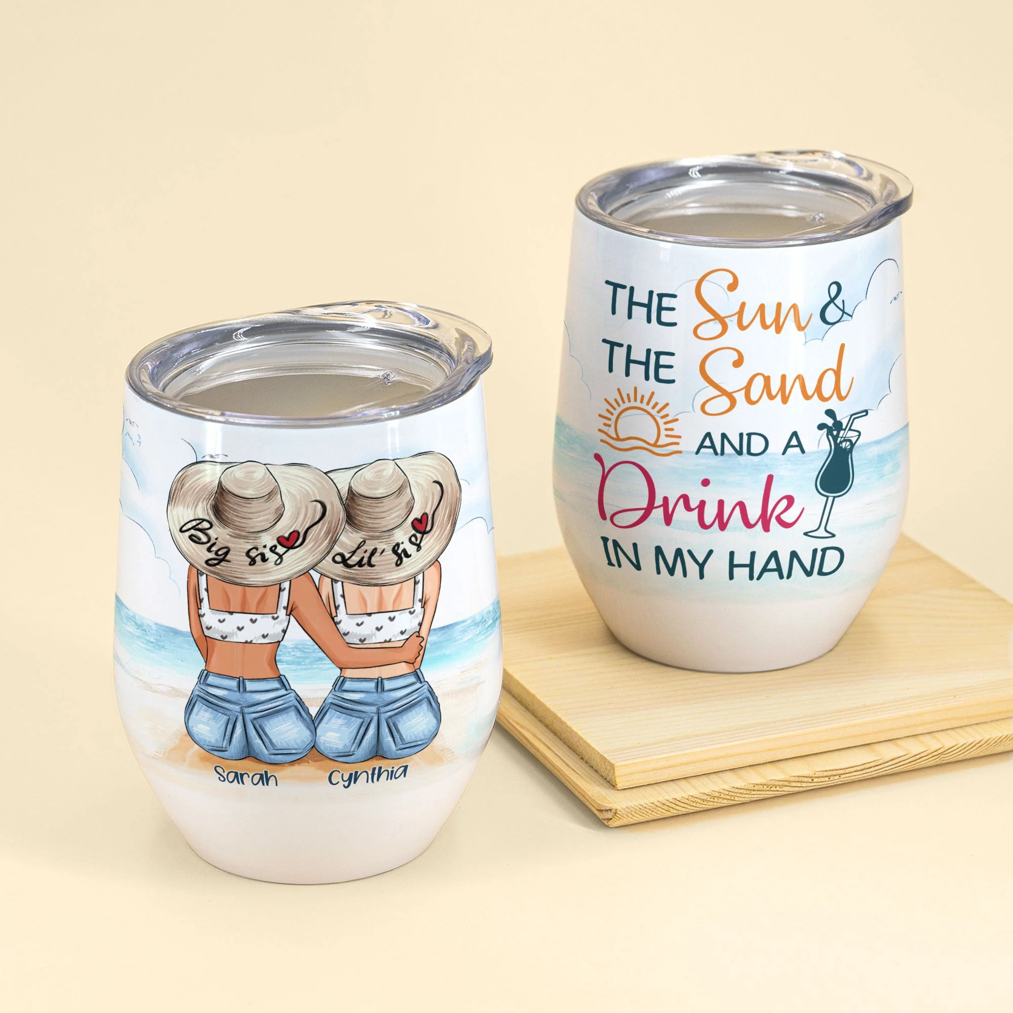 The Sun & The Sand And A Drink In My Hand, Family Custom Wine Tumbler, Gift For Sister - Image 2
