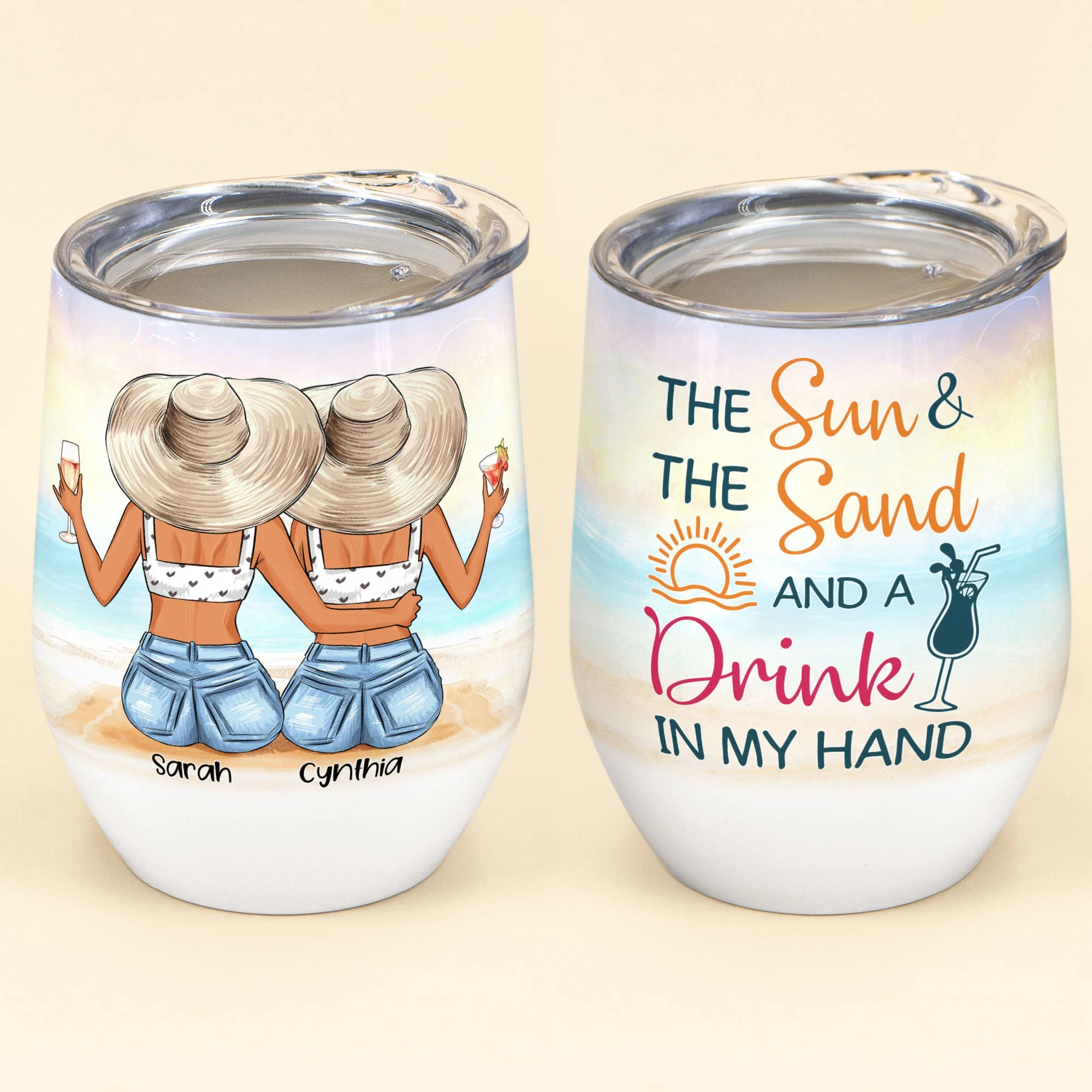 The Sun & The Sand And A Drink In My Hand, Sister Custom Wine Tumbler, Gift For Sisters - Image 2