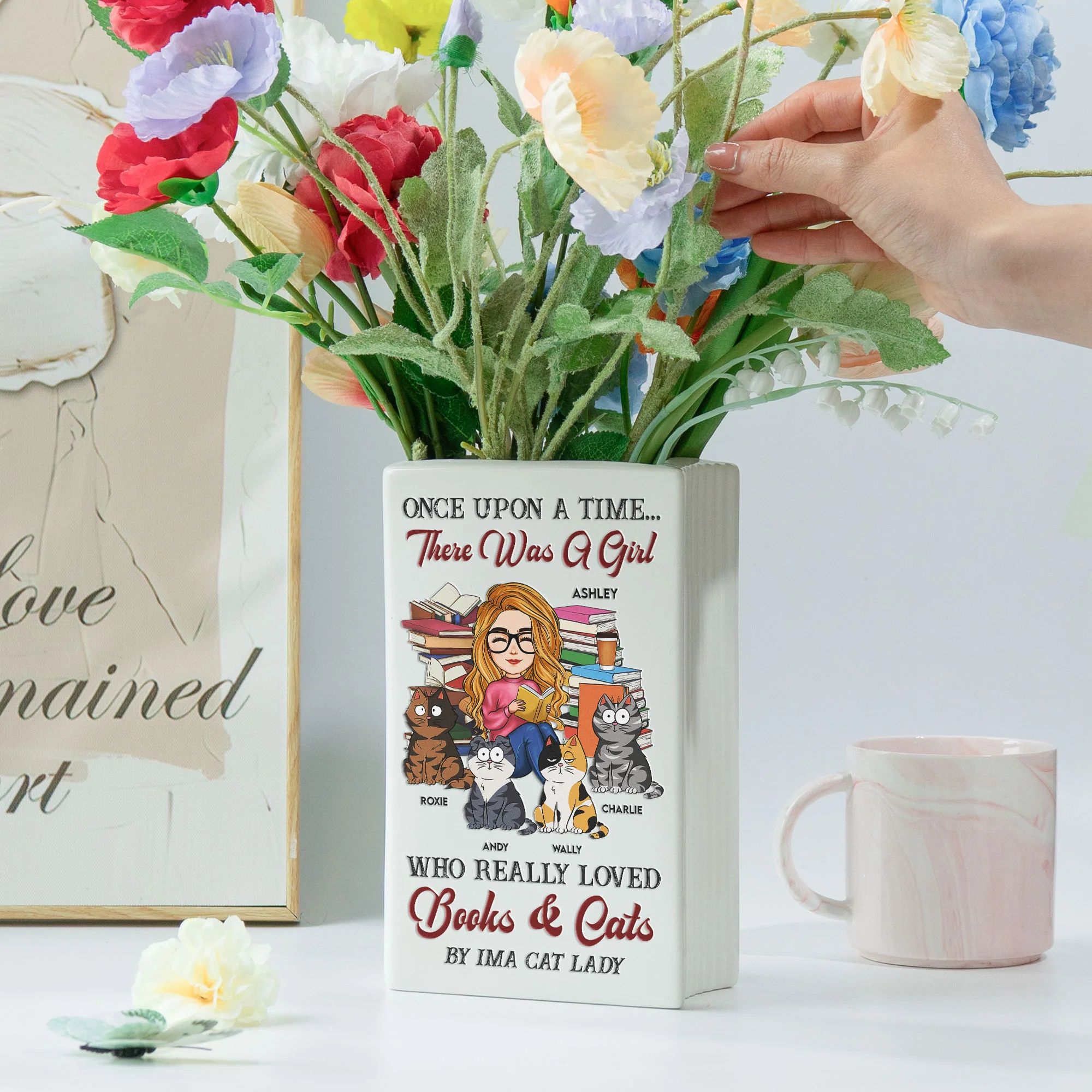 There Was A Girl Who Really Loved Books And Cats - Personalized Ceramic Book Vase - Image 4