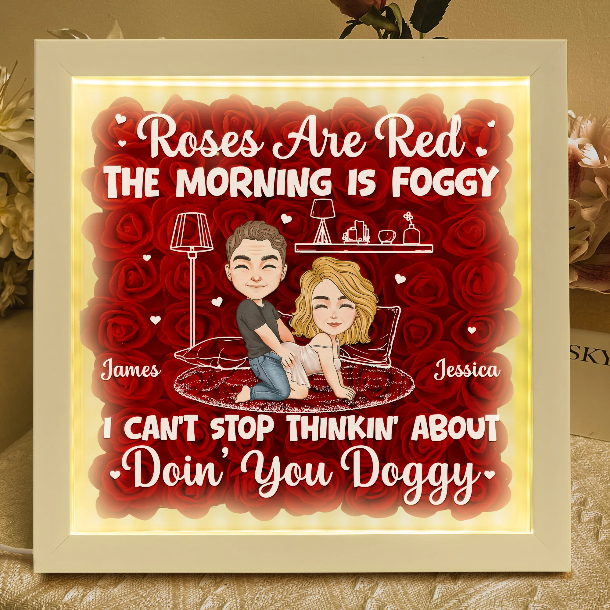 Thinkin' About Doin' You Doggy Valentine's Day Anniversary Gift - Personalized Flower Shadow Box With LED Light