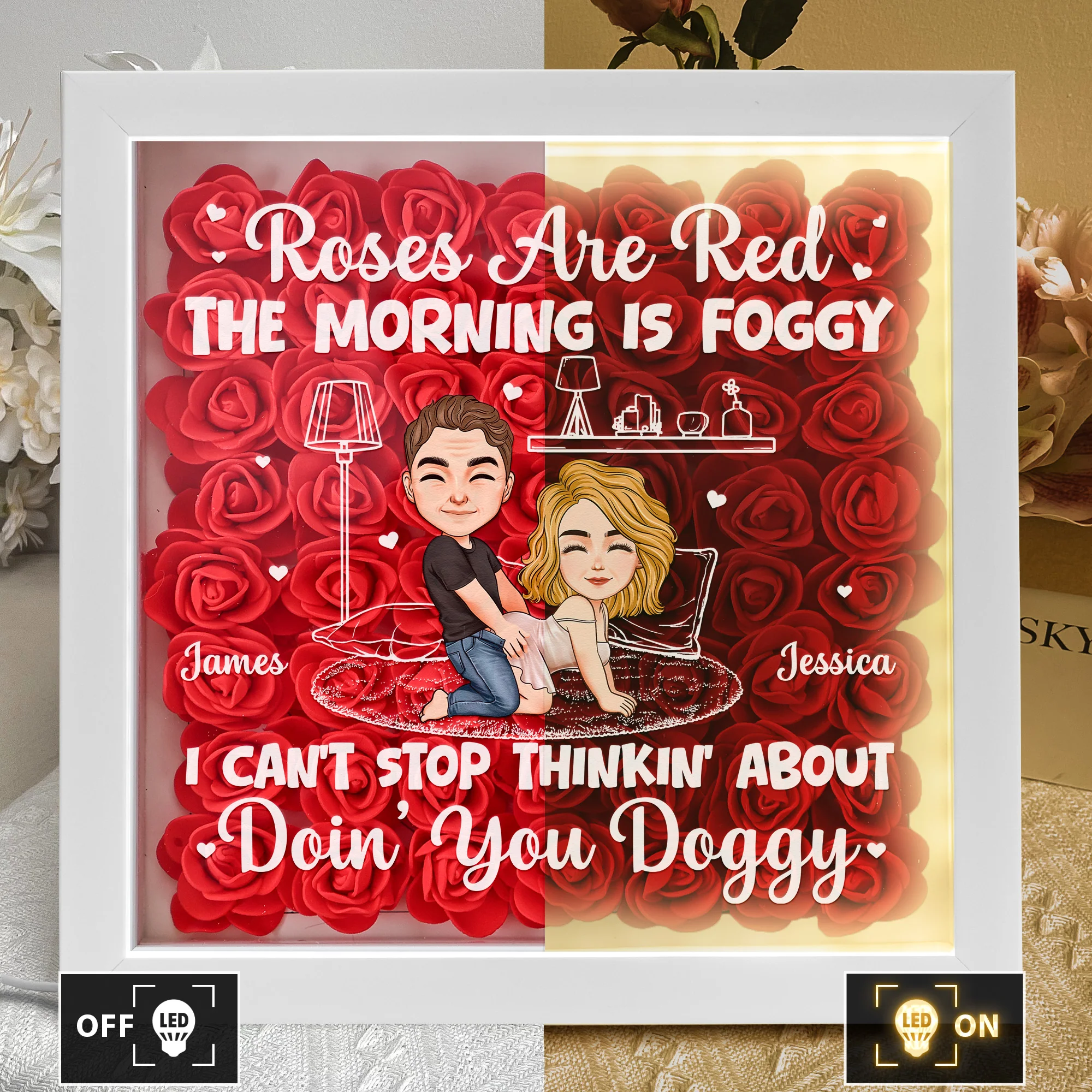 Thinkin' About Doin' You Doggy Valentine's Day Anniversary Gift - Personalized Flower Shadow Box With LED Light - Image 3