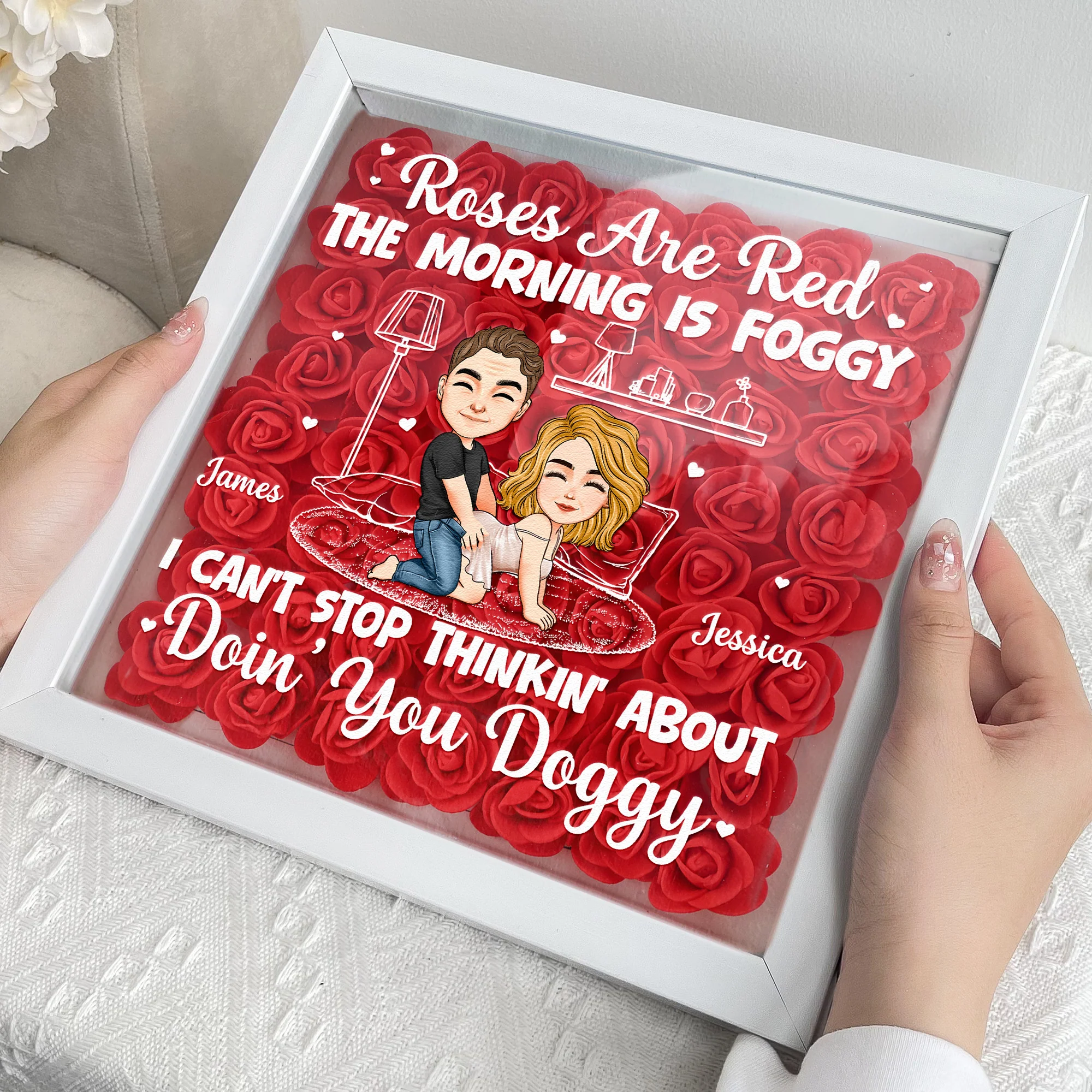 Thinkin' About Doin' You Doggy Valentine's Day Anniversary Gift - Personalized Flower Shadow Box With LED Light - Image 4