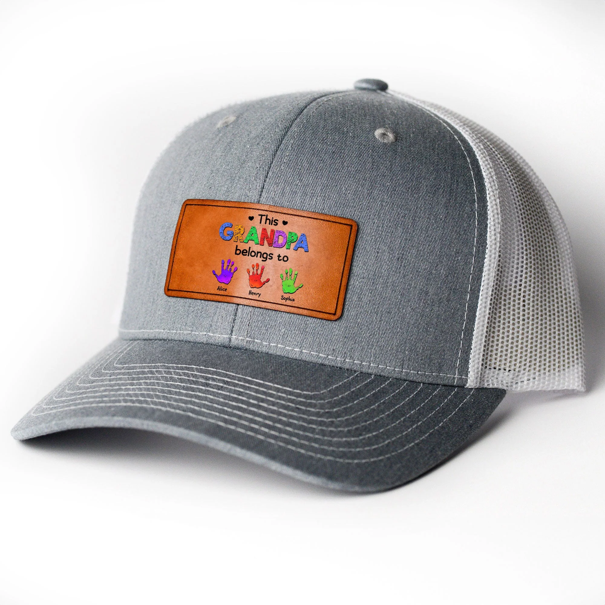 This Grandpa Belongs To - Handprints Version - Personalized Leather Patch Hat - Image 3