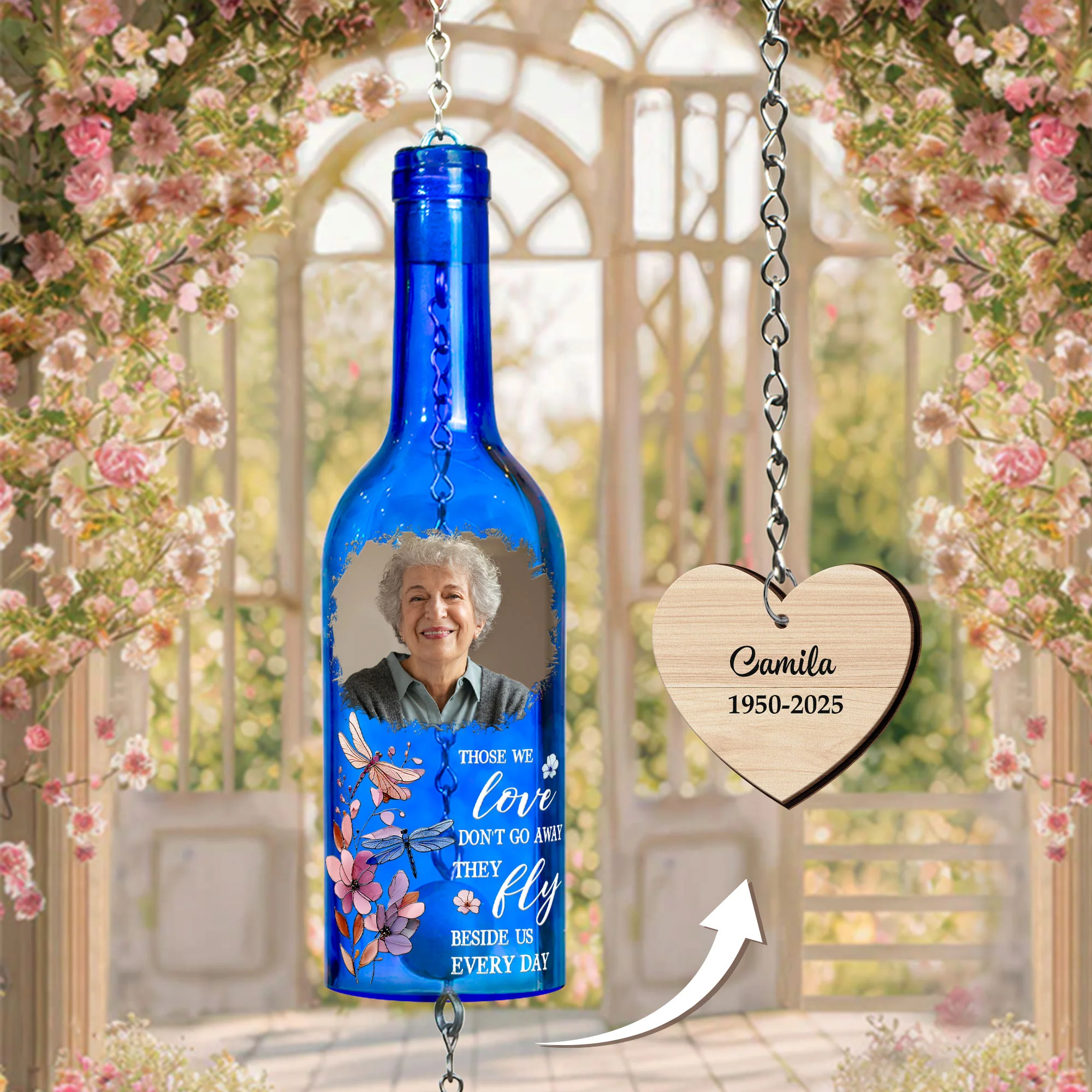 Those We Love Don't Go Away They Fly - Personalized Photo Wine Bottle Wind Chime