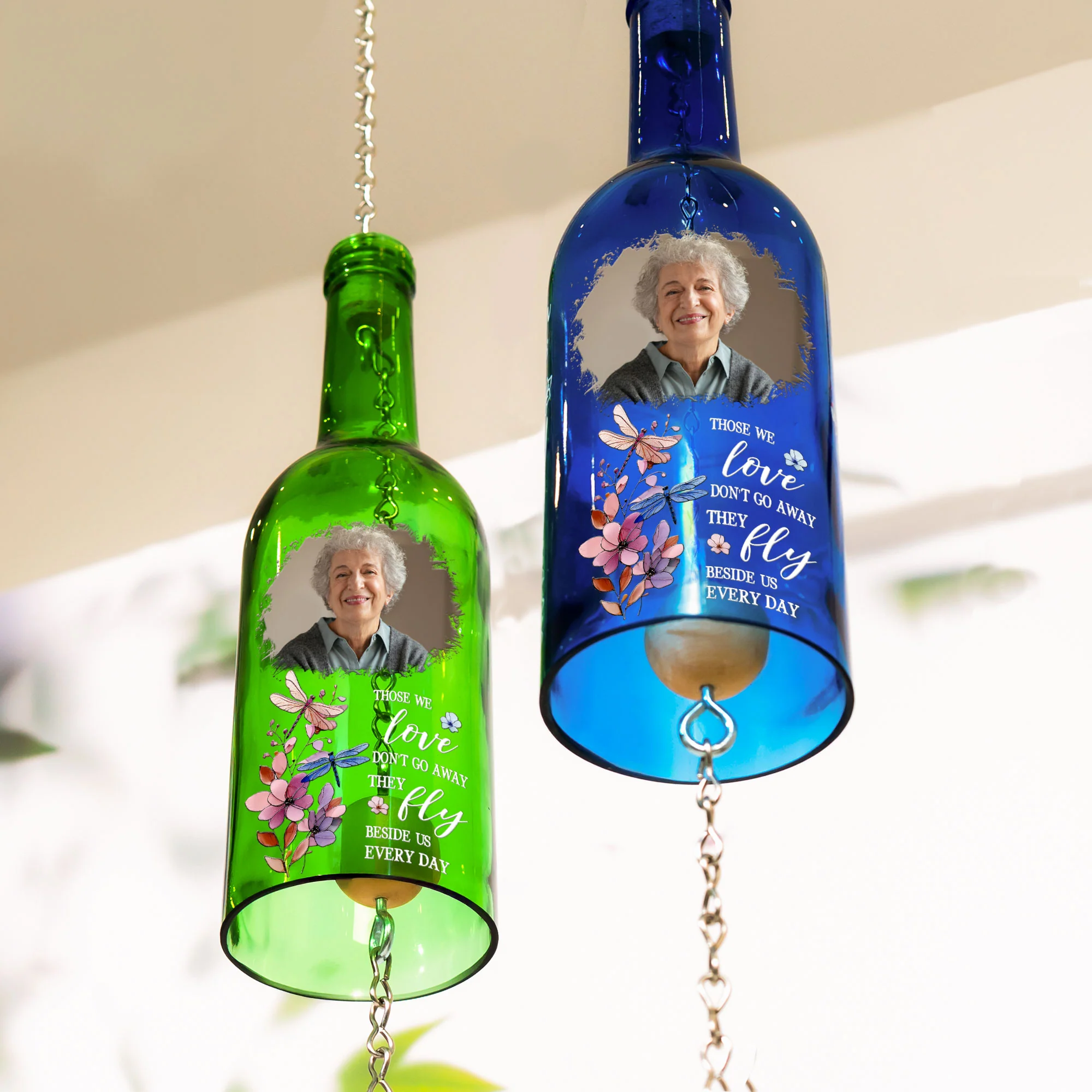 Those We Love Don't Go Away They Fly - Personalized Photo Wine Bottle Wind Chime - Image 2