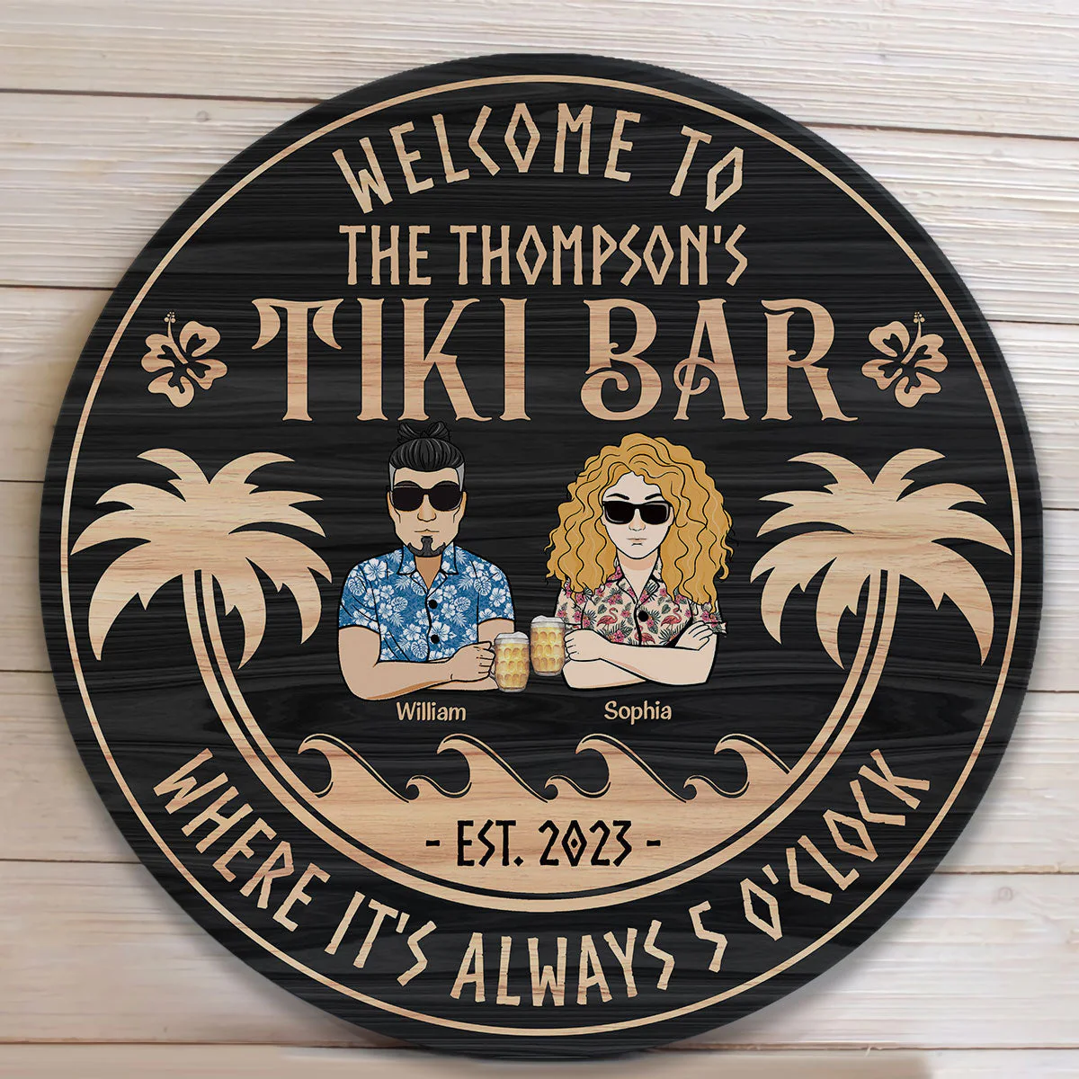 Tiki Bar Beach Couple Summer Tropical Pool Sign - Personalized Round Wood Sign - Image 3