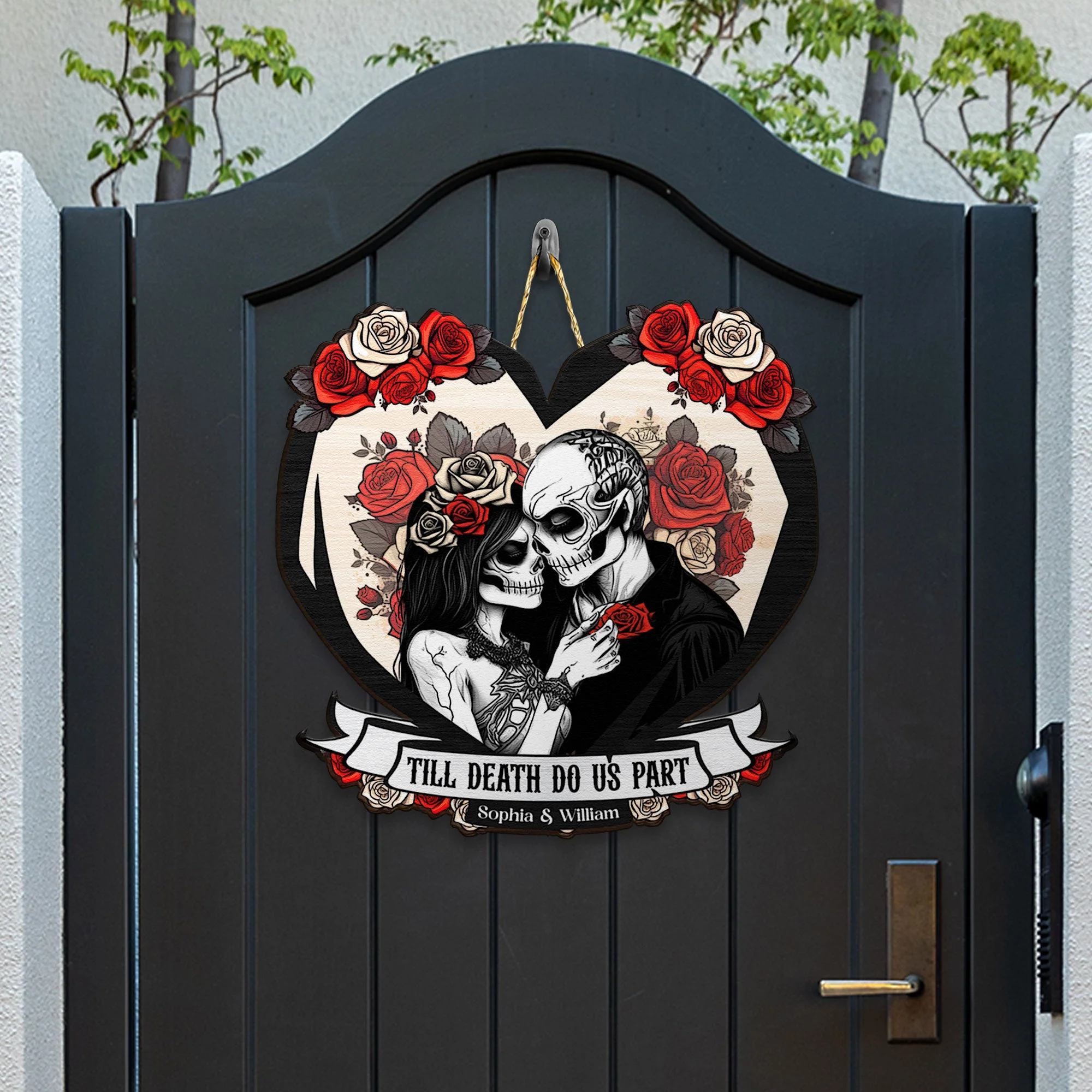 Til Death Do Us Part Couple Skull - Personalized Custom Shaped Wood Sign - Image 4