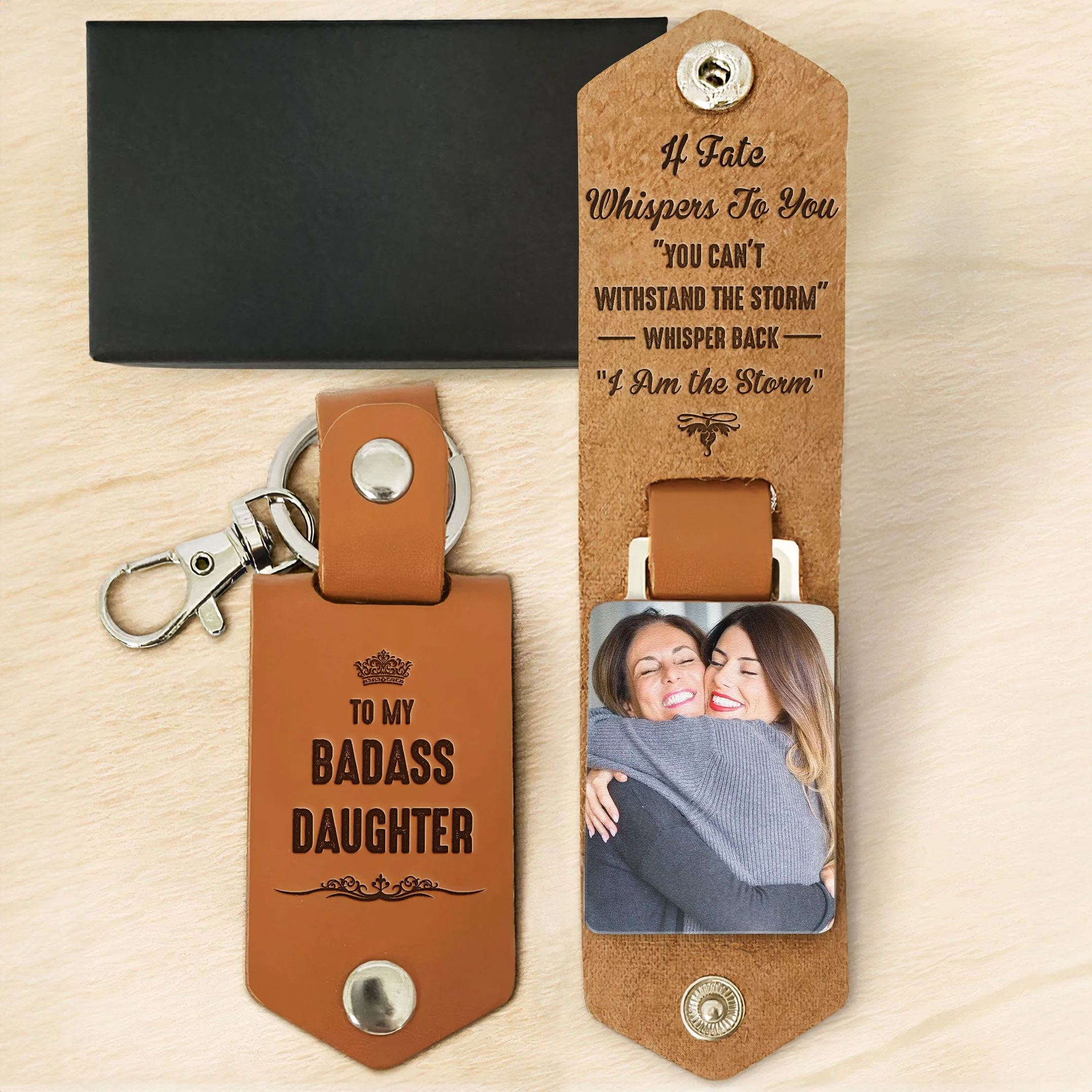 To My Badass Daughter From Mom, Dad - Personalized Leather Photo Keychain - Image 5