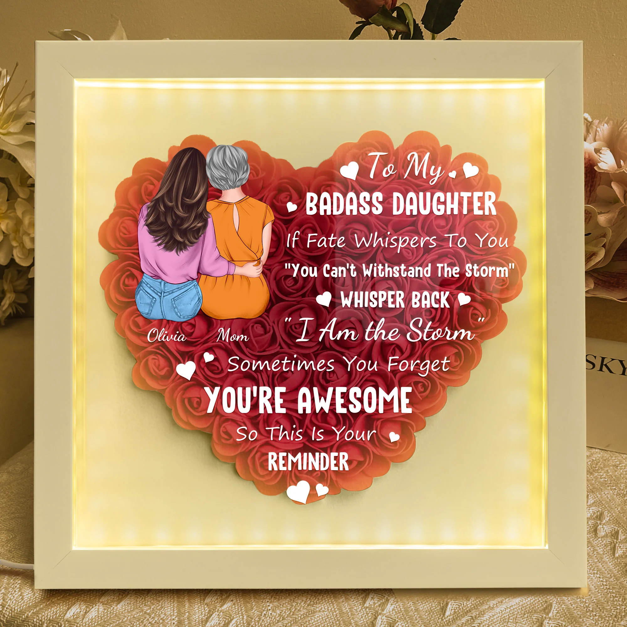 To My Badass Daughter - Personalized Flower Shadow Box With LED Light
