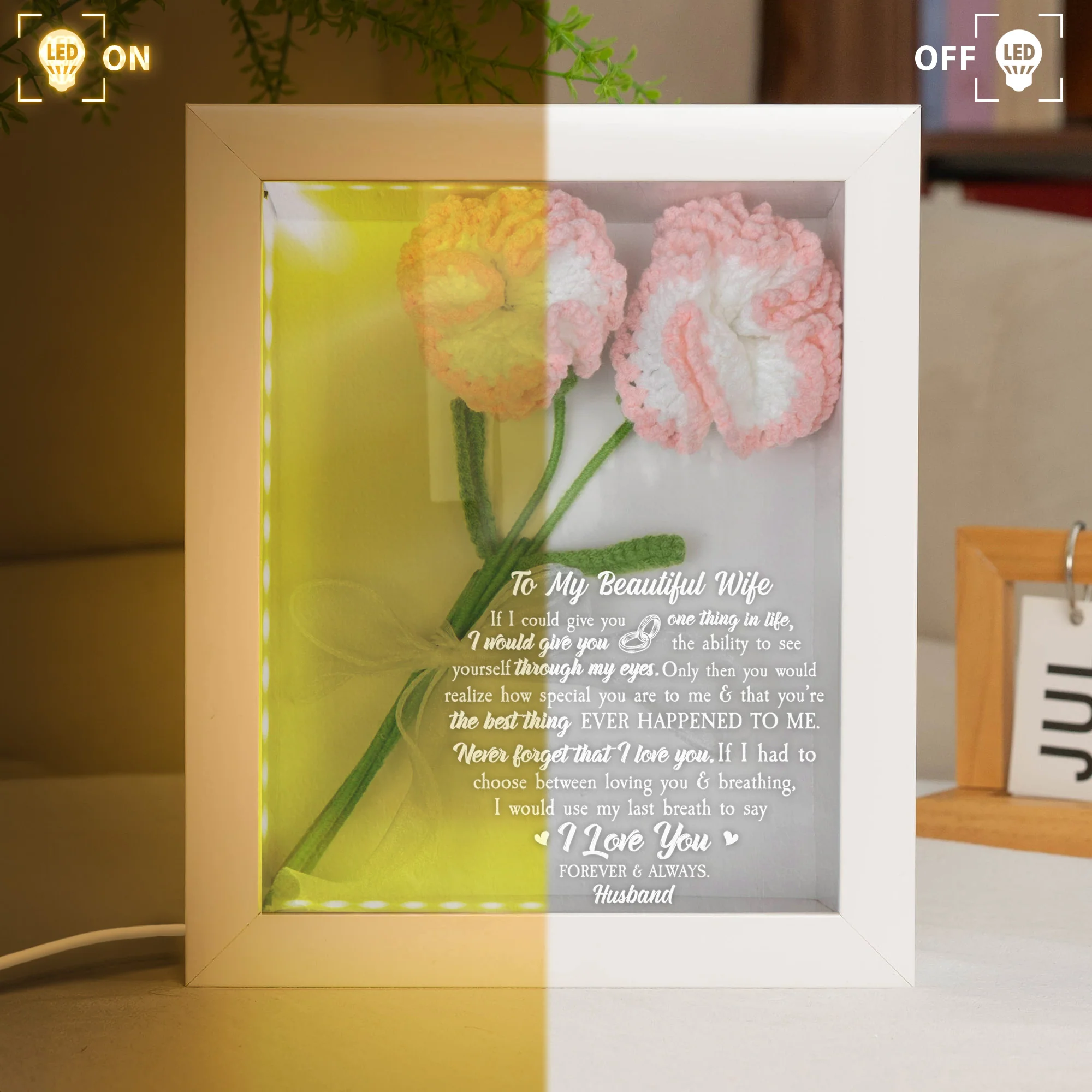 To My Beautiful Wife - Personalized Crochet Flower Shadow Box With LED Light - Image 3