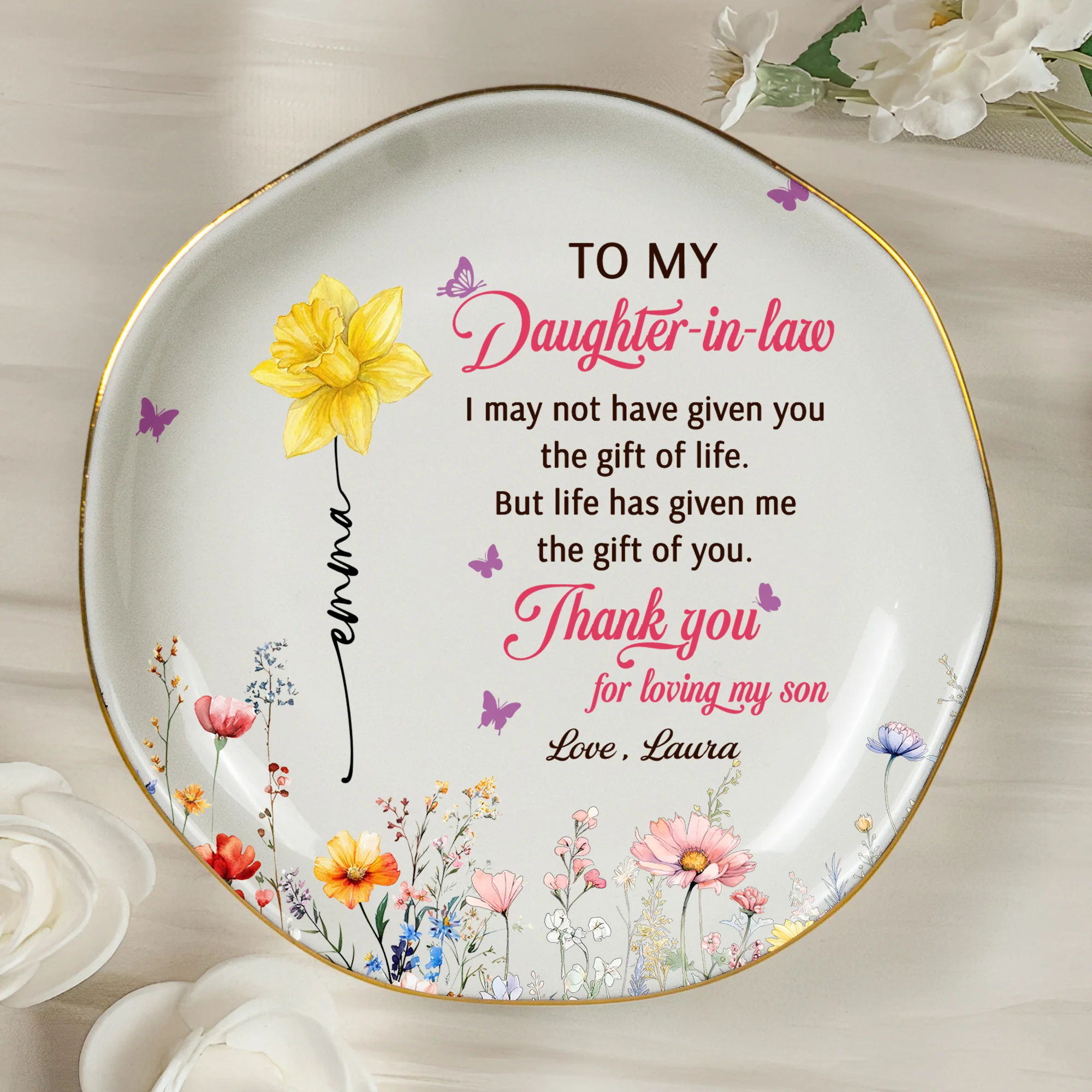 To My Daughter In Law Thank You For Loving My Son - Wedding Gifts From Mother-In-Law - Personalized Jewelry Dish - Image 4