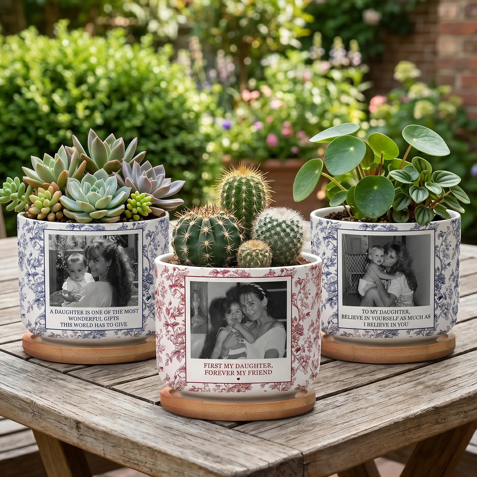 To My Daughter Toile De Jouy Custom Photo Mom & Daughter, Dad & Daughter - Personalized Plant Pot - Image 2
