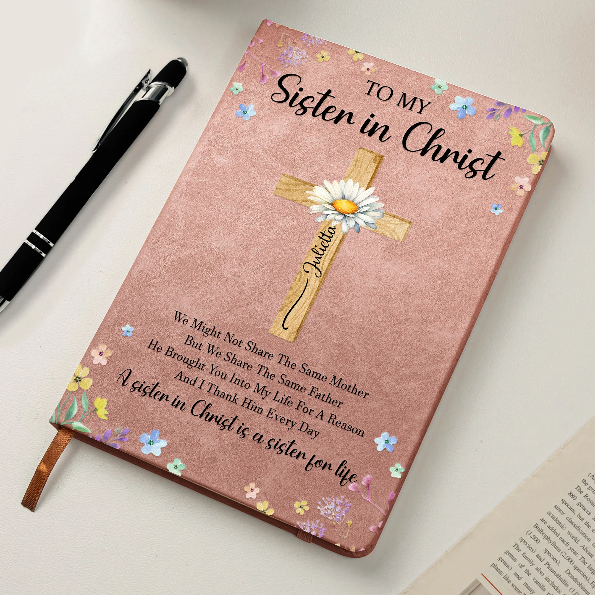 To My Sister In Christ Custom With Name & Birth Flower - Personalized Leather Journal - Image 4