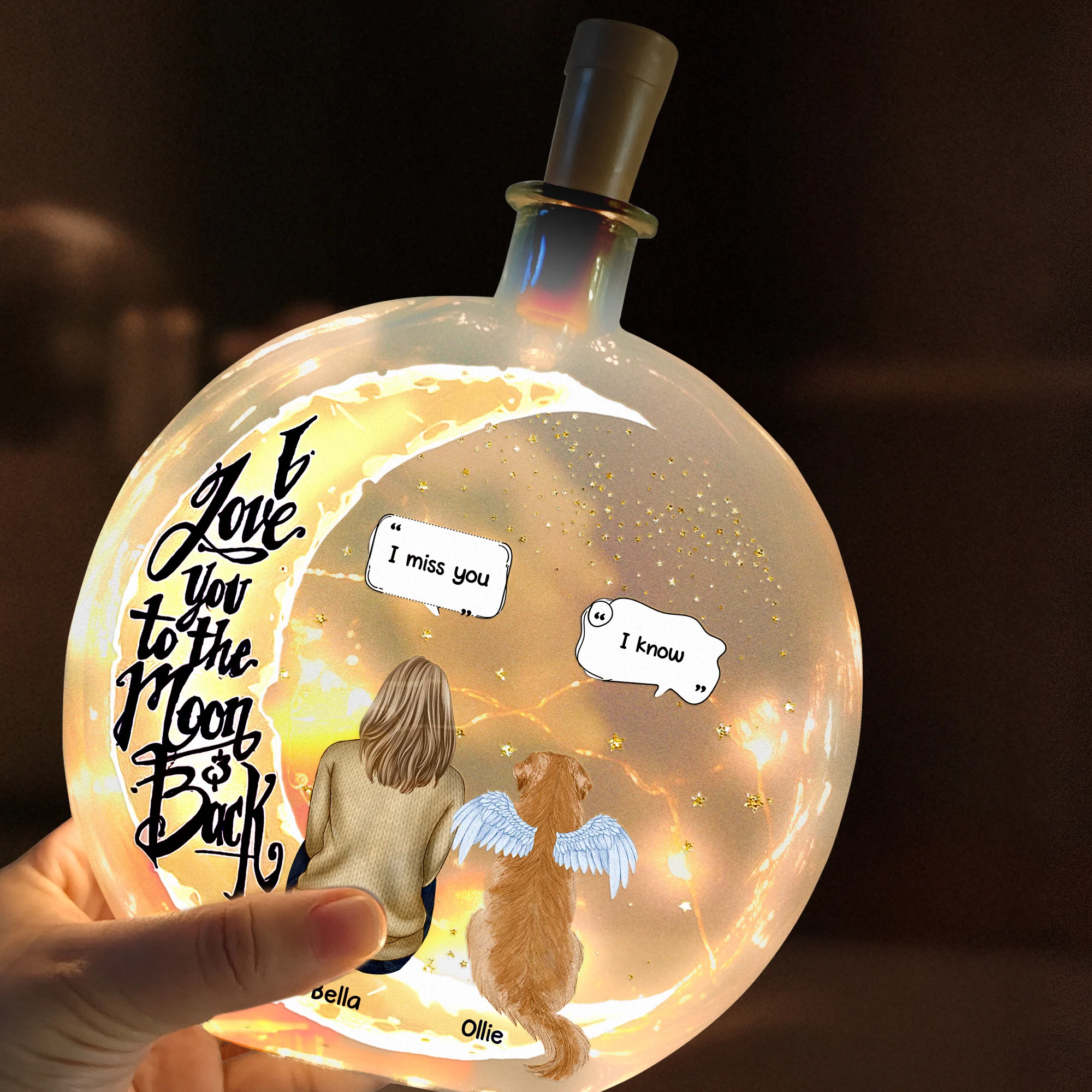 To The Moon & Back – Pet Memorial Keepsake - Personalized Round Flat Bottle Light - Image 4