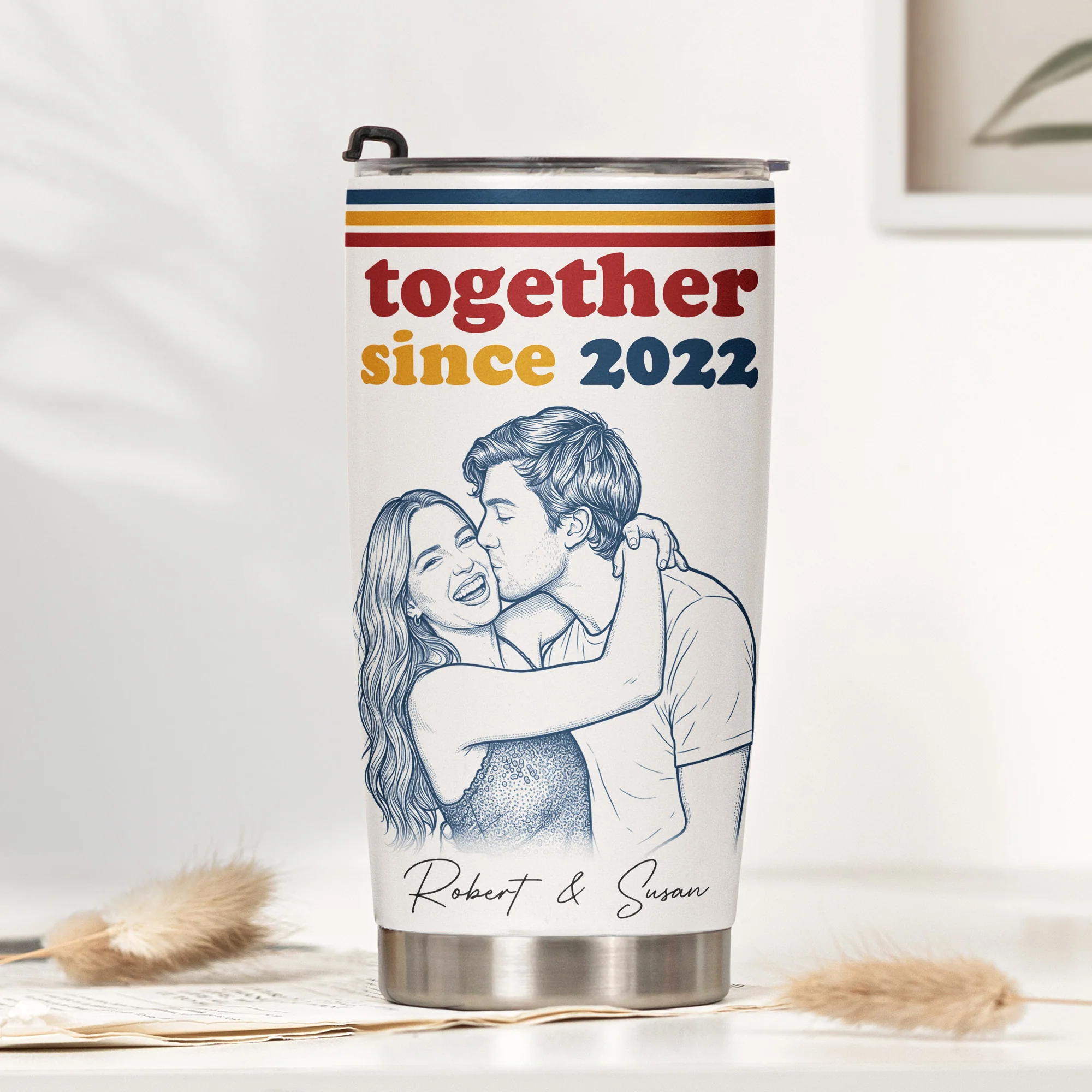 Together Since Custom Photo Sketch Line Art Anniversary Gift For Him, Her - Personalized Tumbler Cup - Image 2
