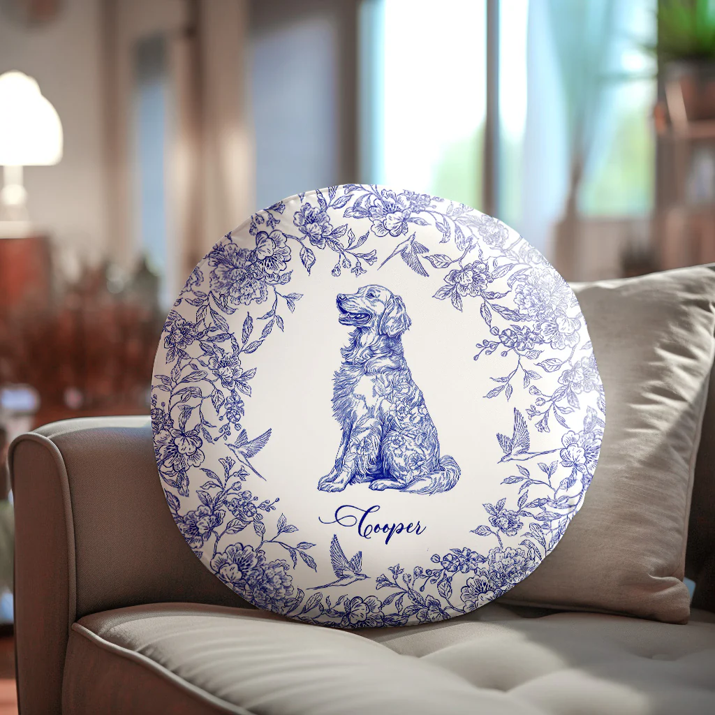 Toile De Jouy Dog Breeds Custom Chinoiserie Style - Personalized Round Pillow - Image 3