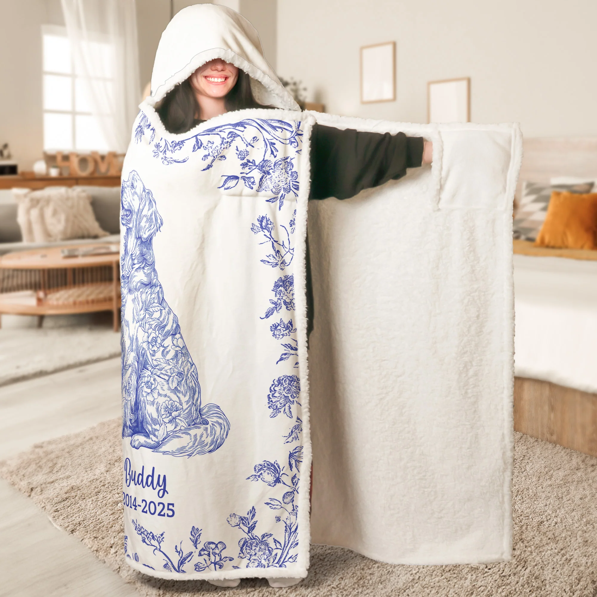 Toile De Jouy Dog Memorial Gift For Dog Mom - Personalized Wearable Blanket Hoodie - Image 2
