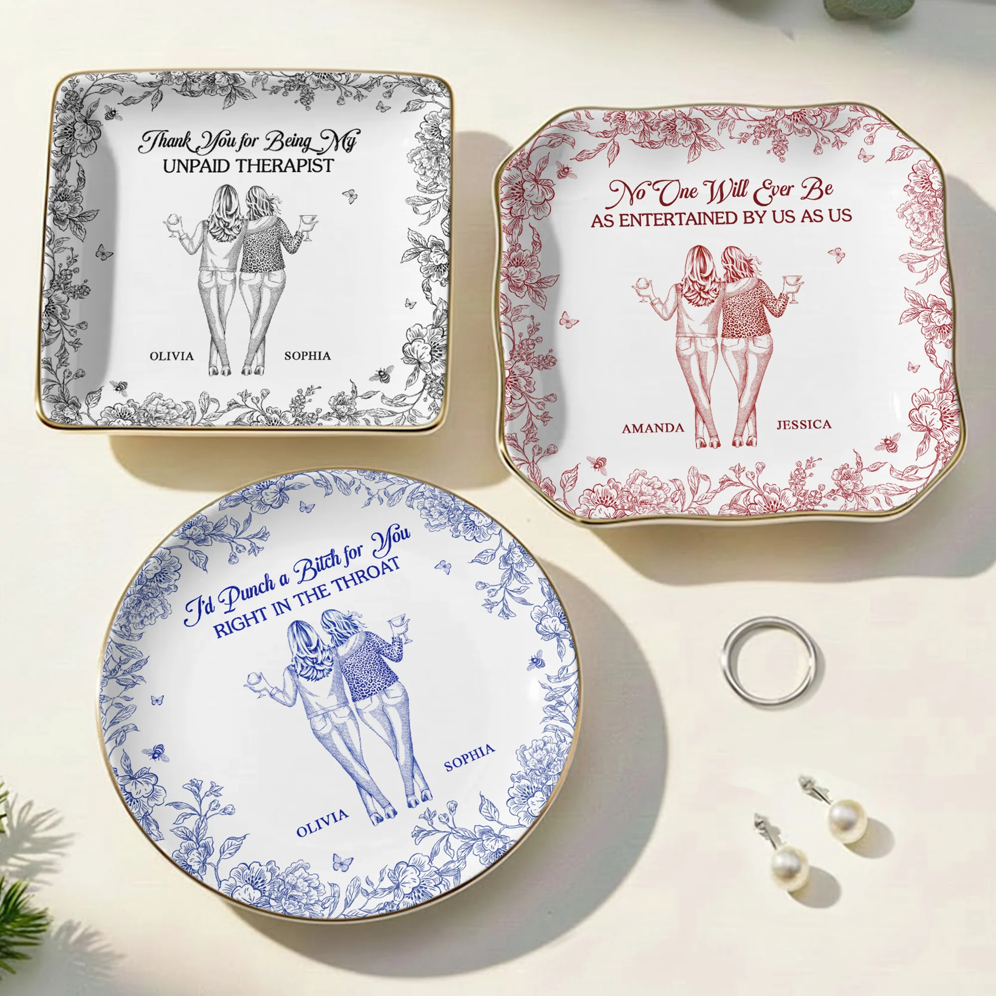Toile De Jouy Group Of Besties, Sisters, Friends - Friendship Thank You Gifts - Personalized Jewelry Dish - Image 2