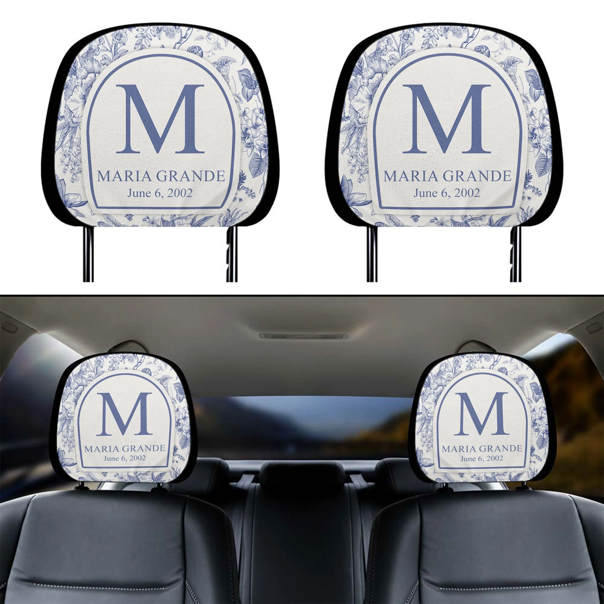 Toile De Jouy Initial Name Letter - Personalized Car Headrest Covers