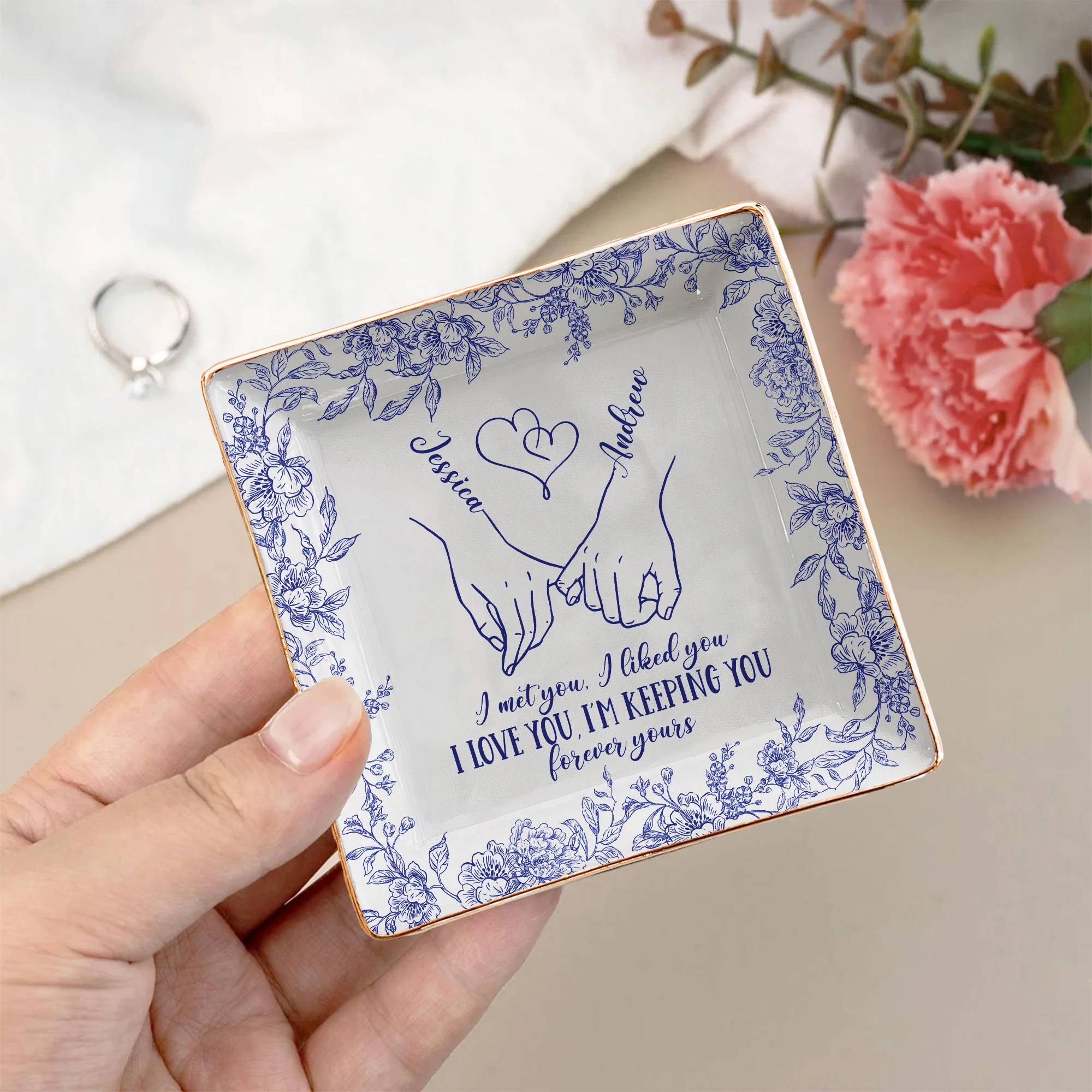 Toile De Jouy Style Forever Yours Anniversary Gift For Women - Personalized Jewelry Dish - Image 3