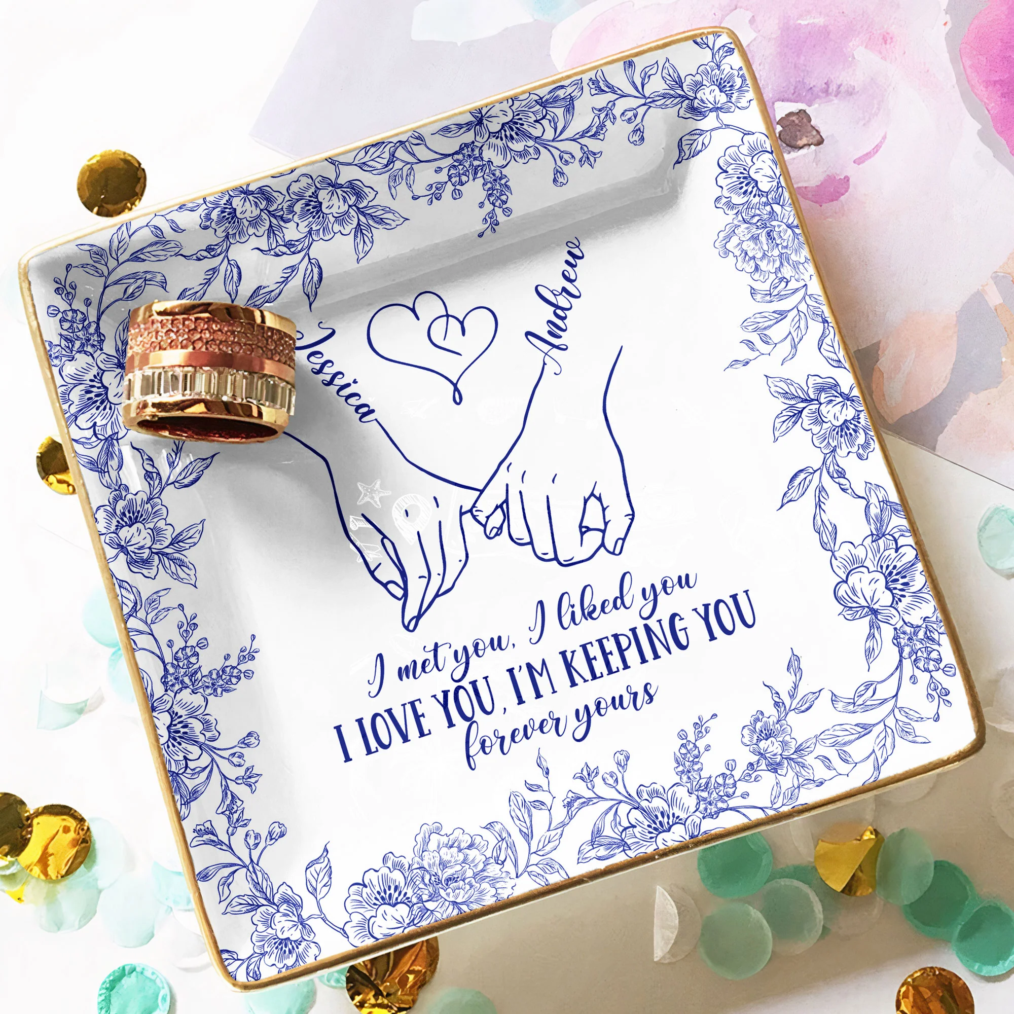 Toile De Jouy Style Forever Yours Anniversary Gift For Women - Personalized Jewelry Dish - Image 4