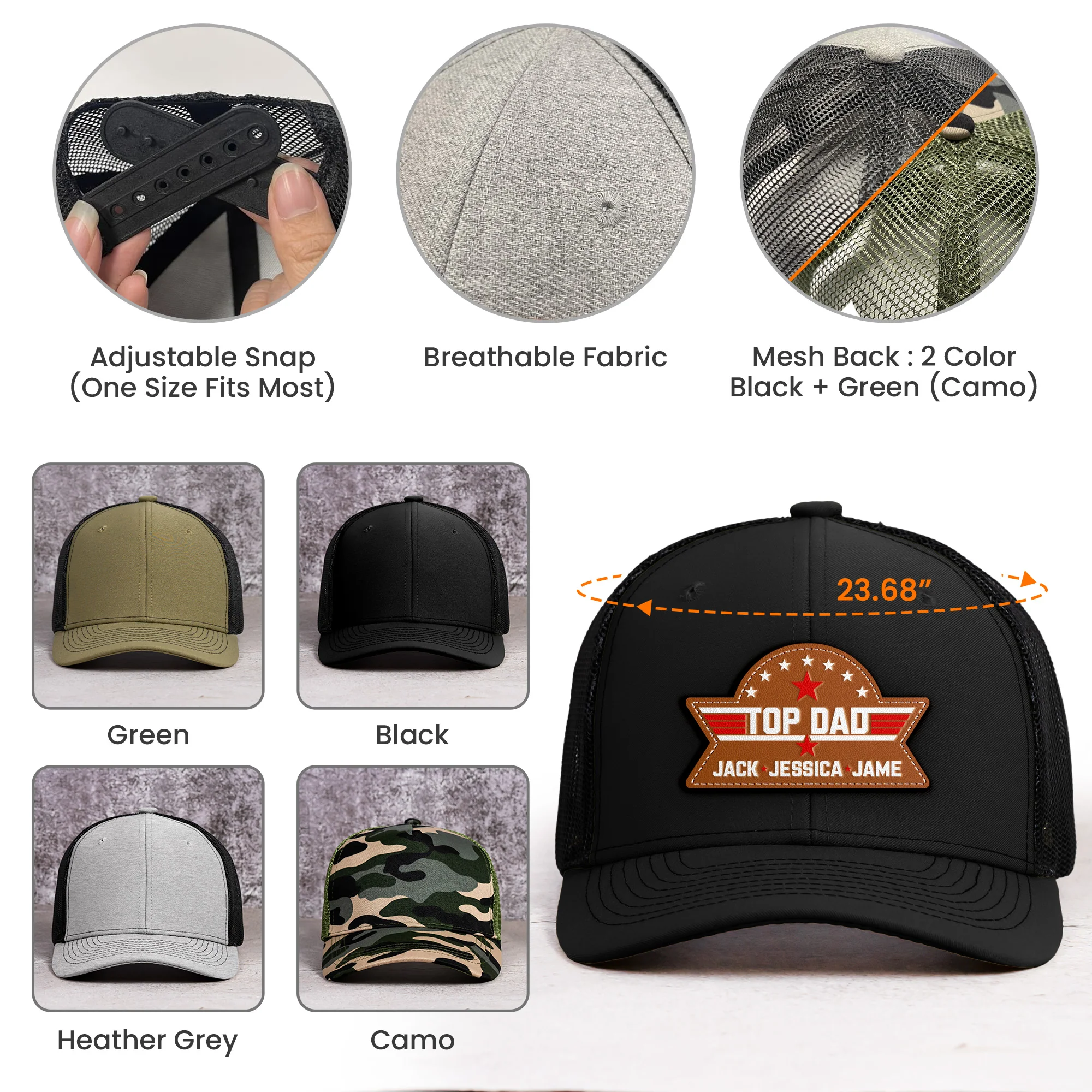 Top Dad, Grandpa, Papa - With Kids' Names - Personalized Leather Patch Hat - Image 5
