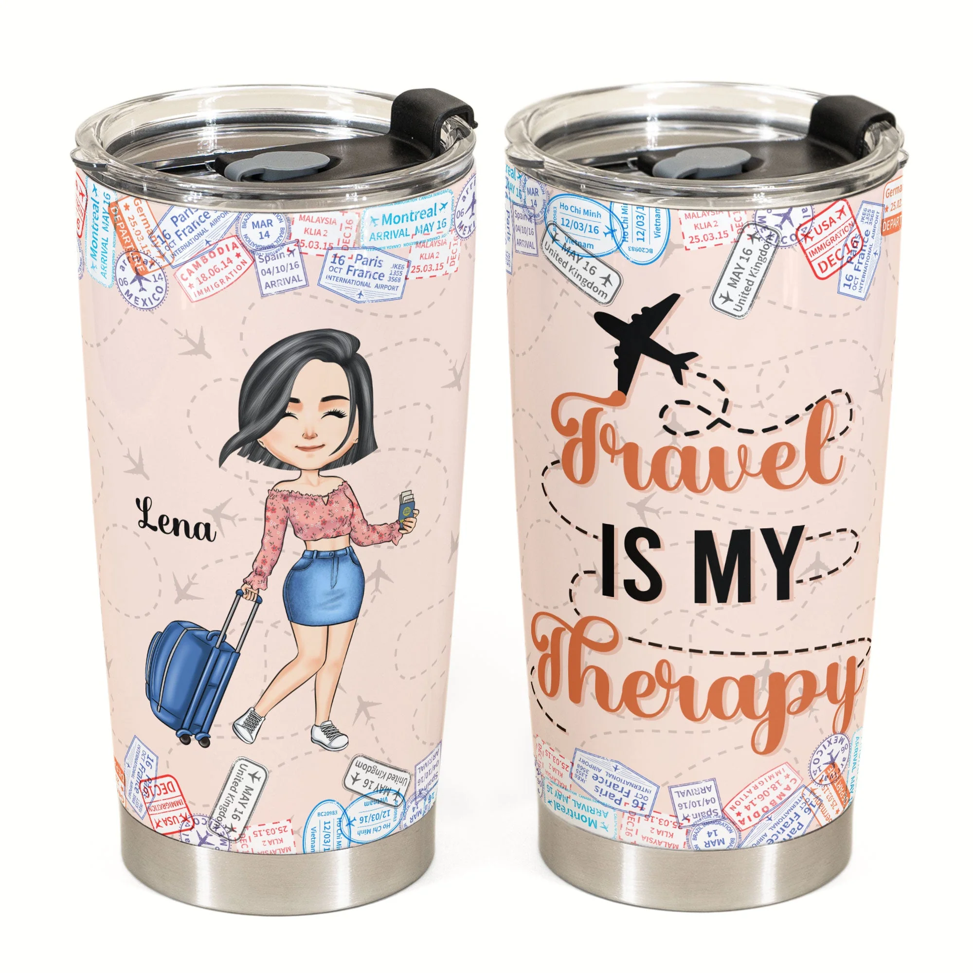 Travel Is My Therapy - Personalized Tumbler Cup - Birthday Gift For Her, Travelers, Vacation, Trippin' Gift - Travel Girl Cartoon - Image 2