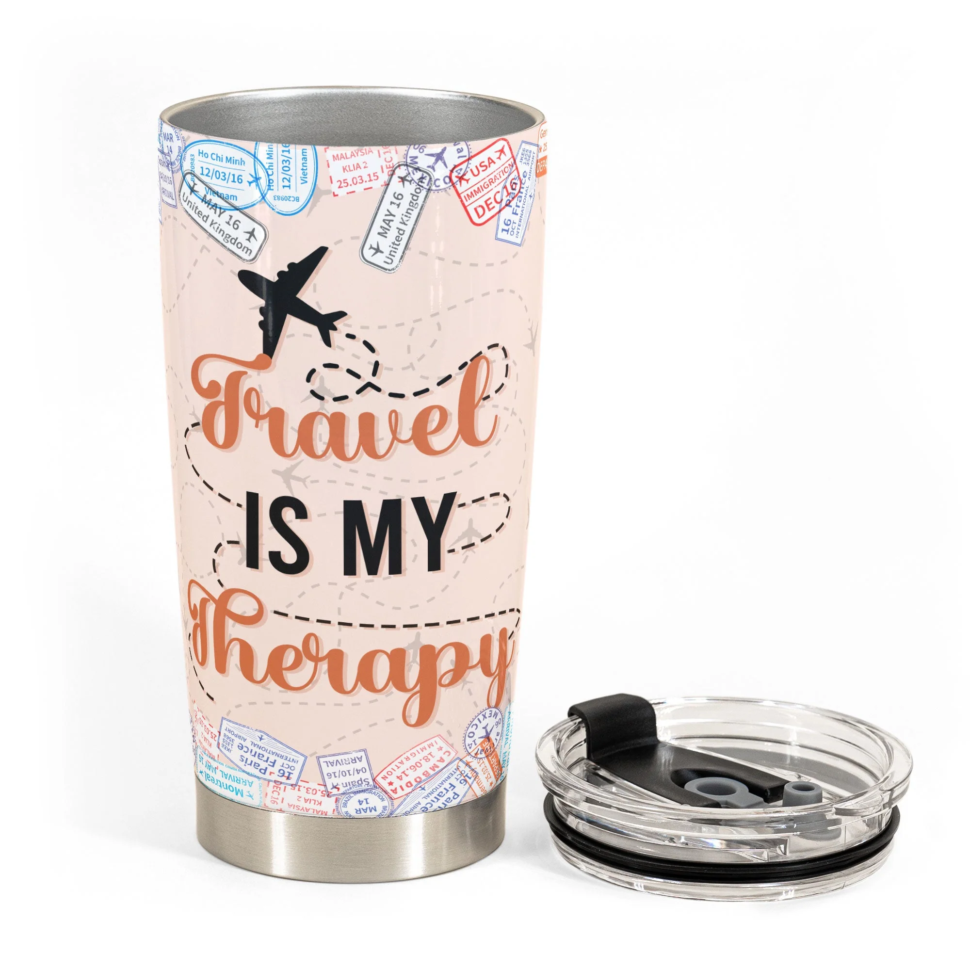 Travel Is My Therapy - Personalized Tumbler Cup - Birthday Gift For Her, Travelers, Vacation, Trippin' Gift - Travel Girl Cartoon - Image 3