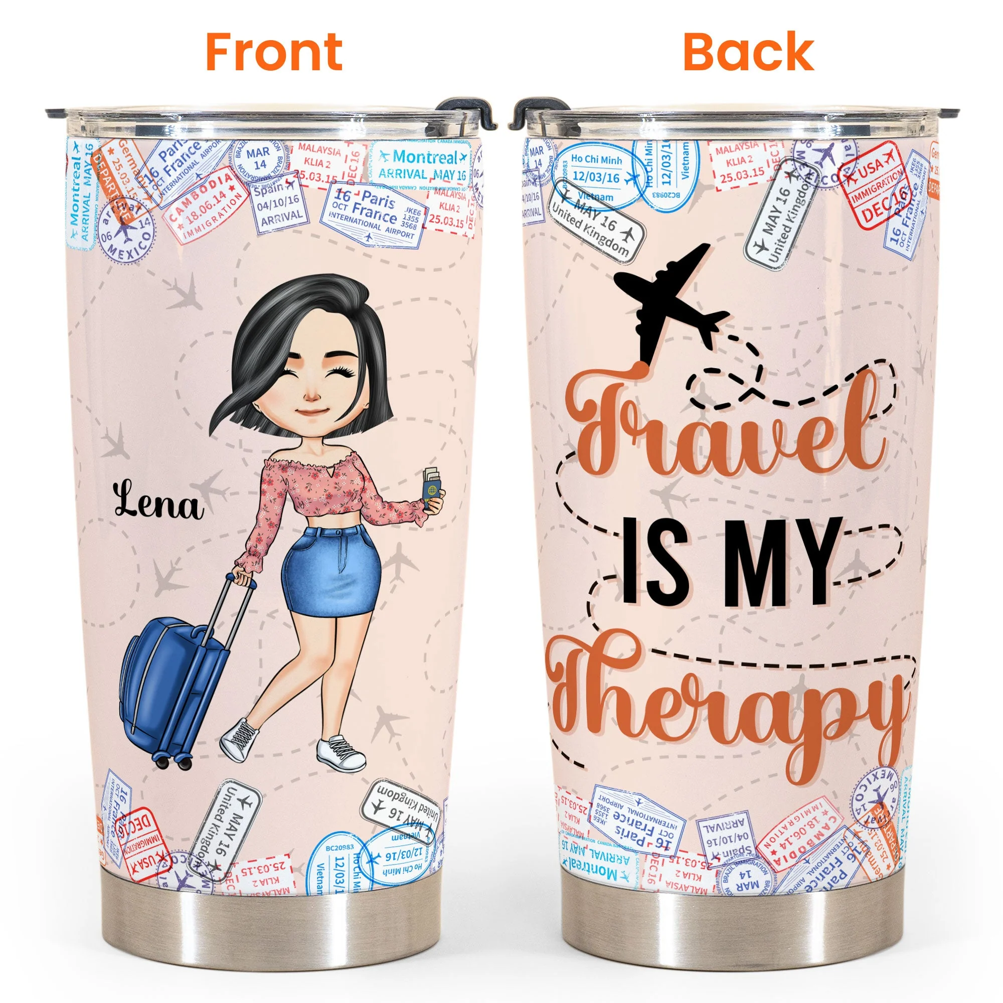 Travel Is My Therapy - Personalized Tumbler Cup - Birthday Gift For Her, Travelers, Vacation, Trippin' Gift - Travel Girl Cartoon - Image 4