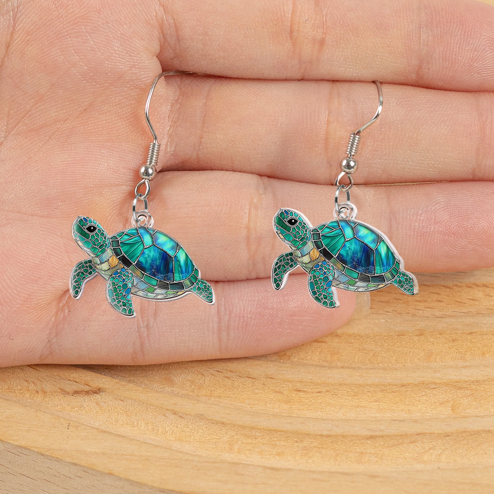 Turtle Seashell Mermaid Beach Stained Glass Effect - Personalized Acrylic Earrings - Image 3