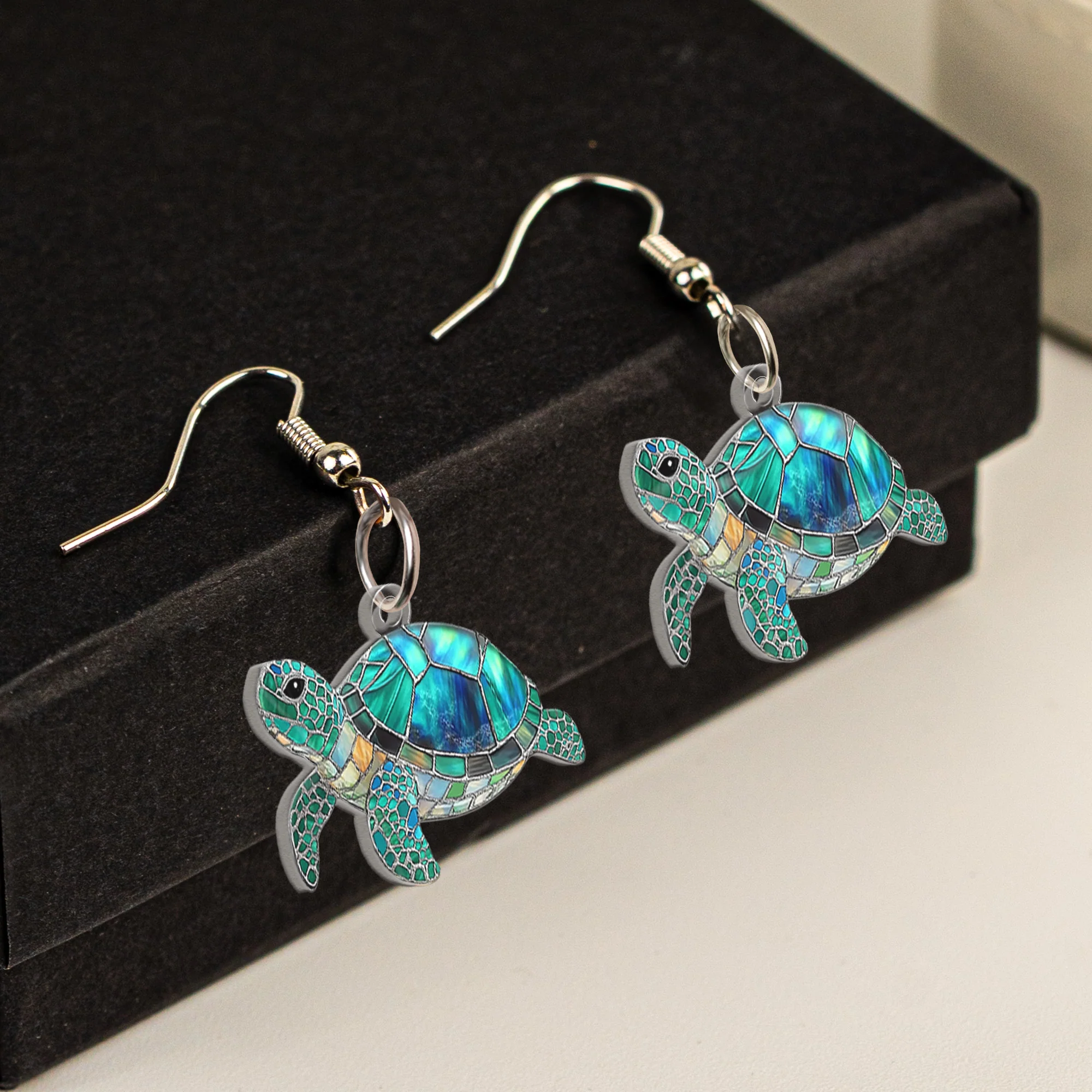 Turtle Seashell Mermaid Beach Stained Glass Effect - Personalized Acrylic Earrings - Image 4