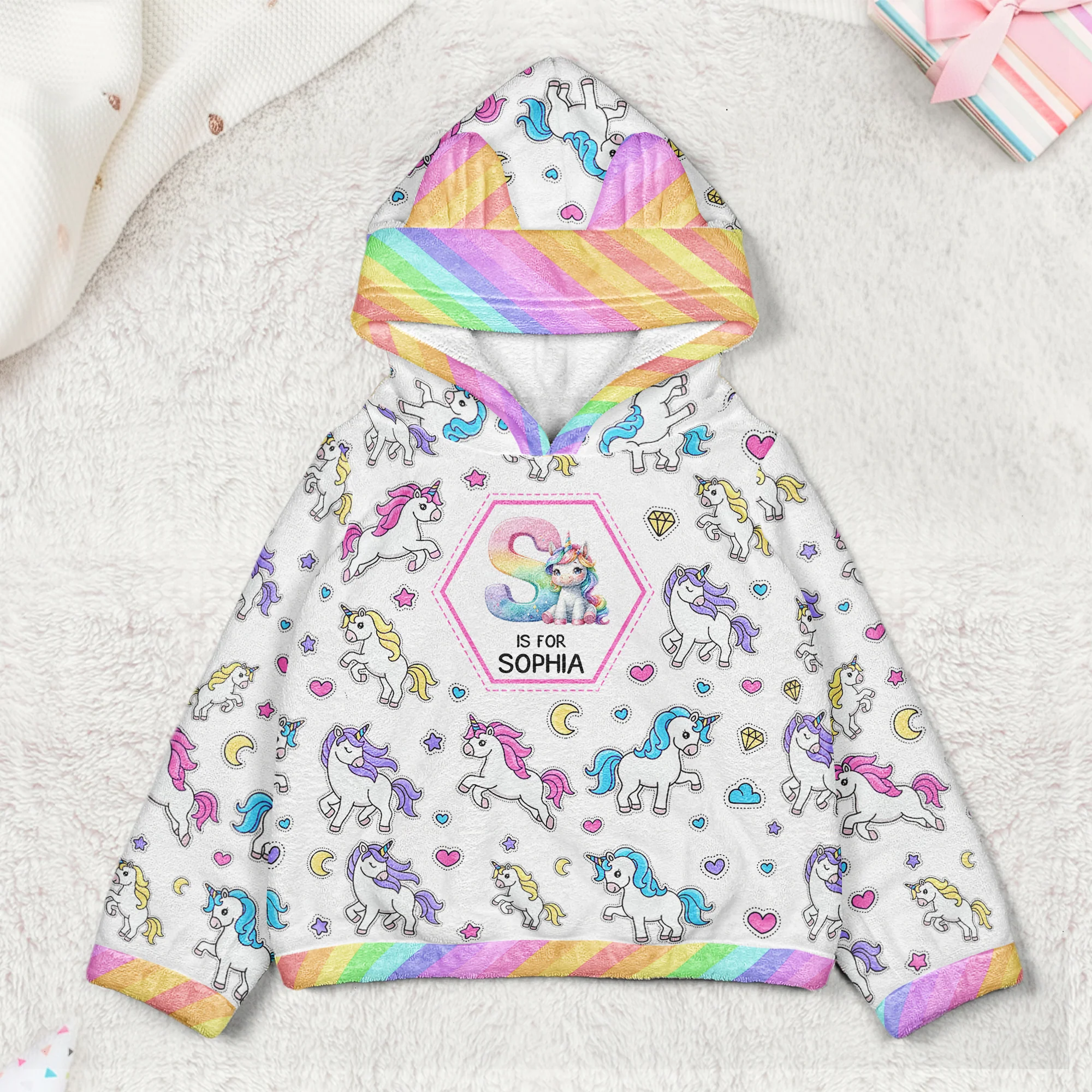 Unicorn Alphabet Gift For Kid - Personalized Kid Fleece Hooded Sweatshirt With Ears - Image 2