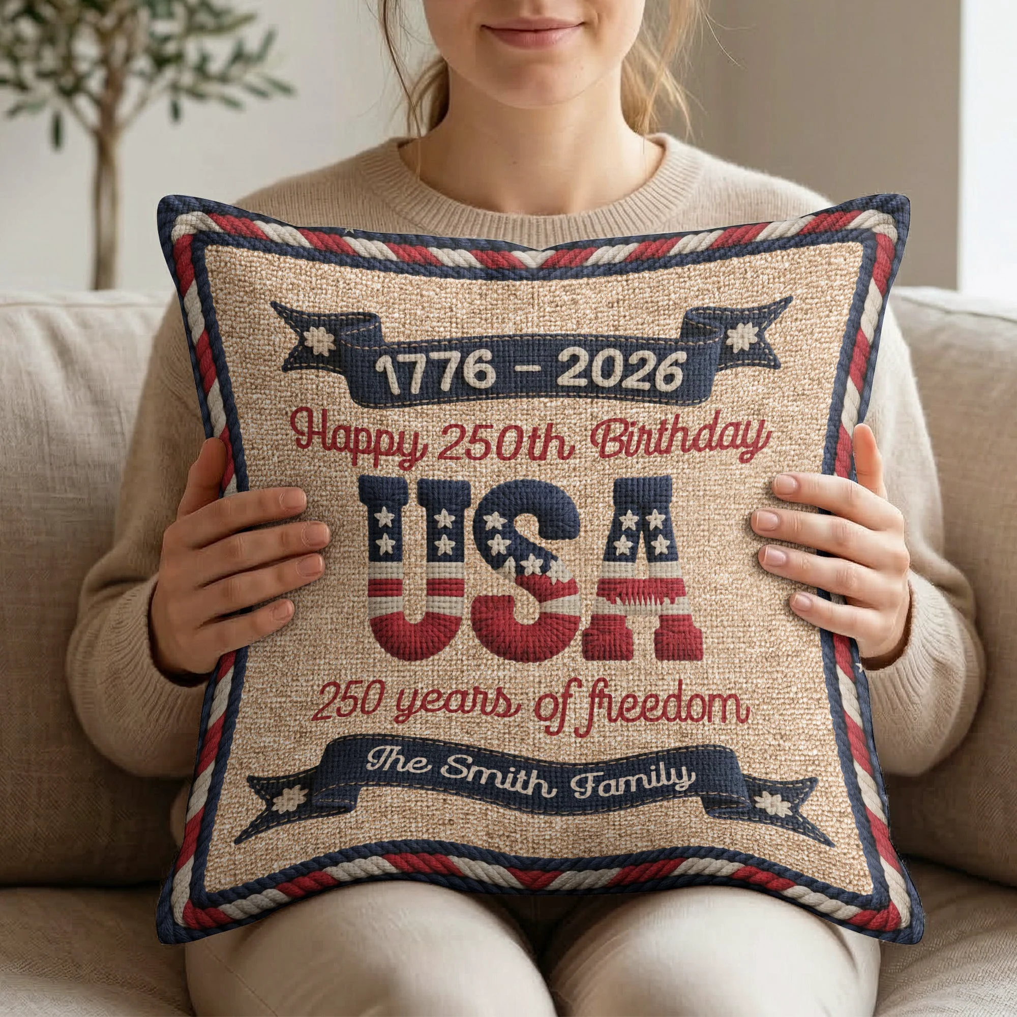 USA 250th Birthday Faux Yarn Pattern - Personalized Pillow Cover - Image 6