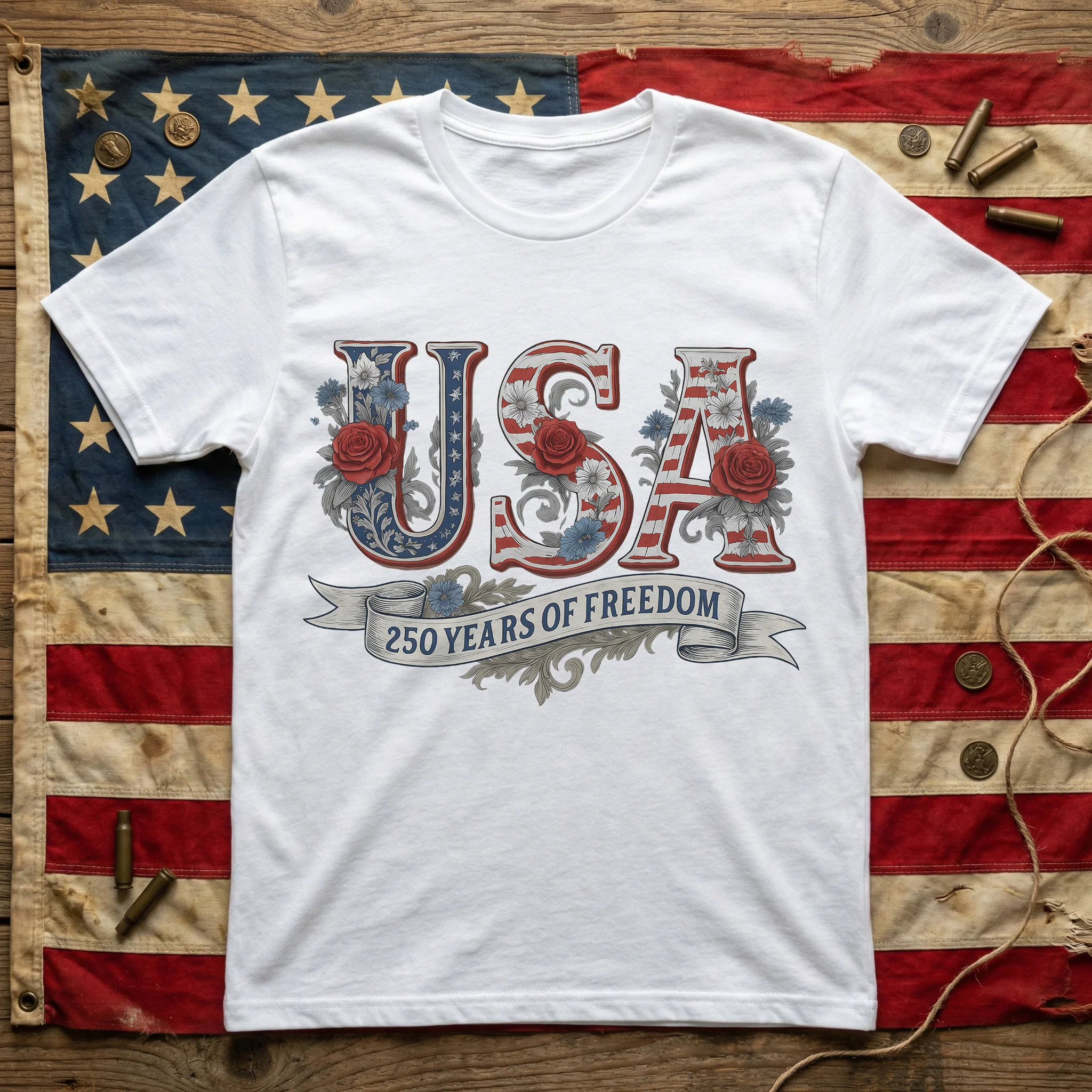 USA Floral 250 Years Of Freedom Vintage - Shirt - Image 2