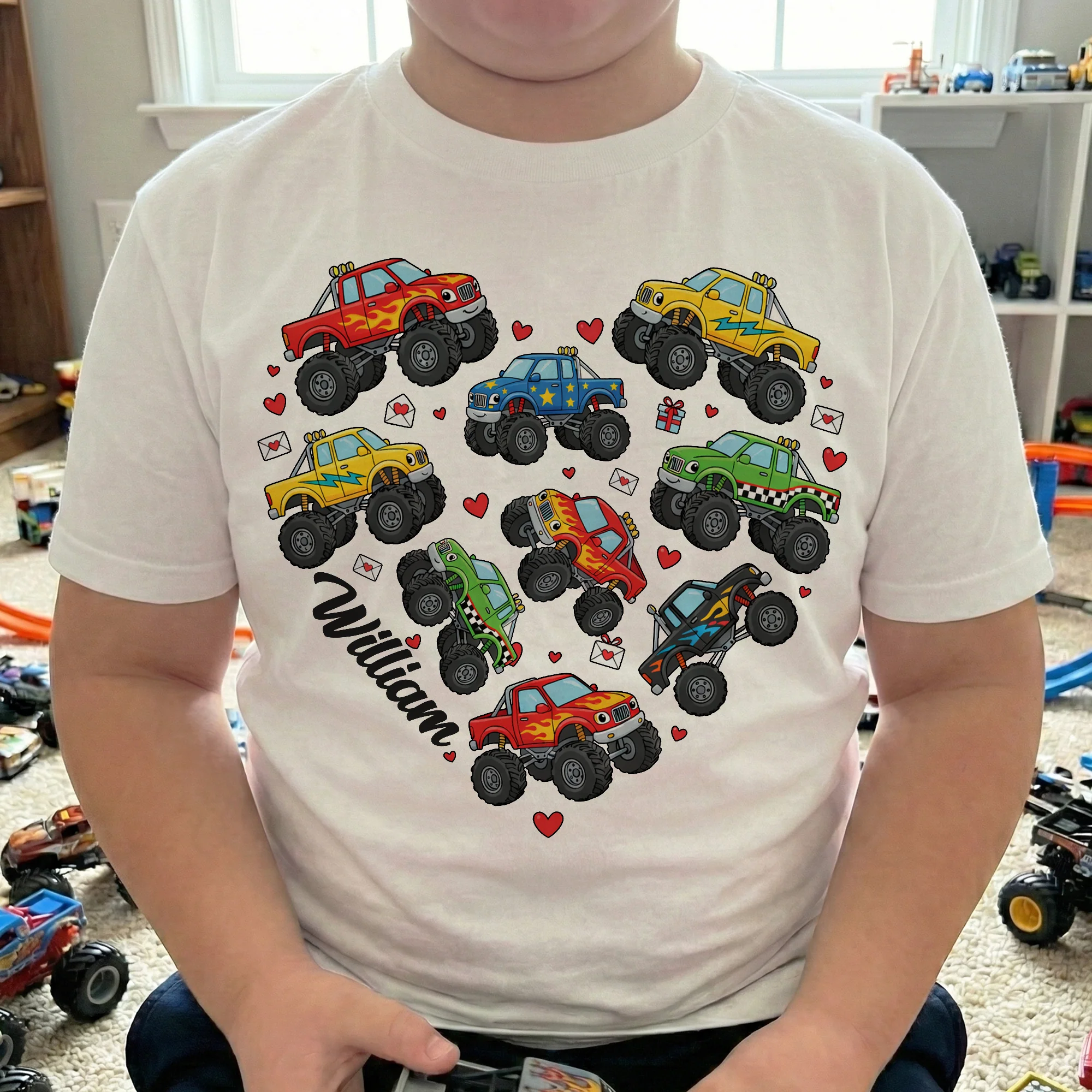 Valentine Monster Truck Dinosaur Construction Racing Car Gift For Boy - Personalized Shirt - Image 2