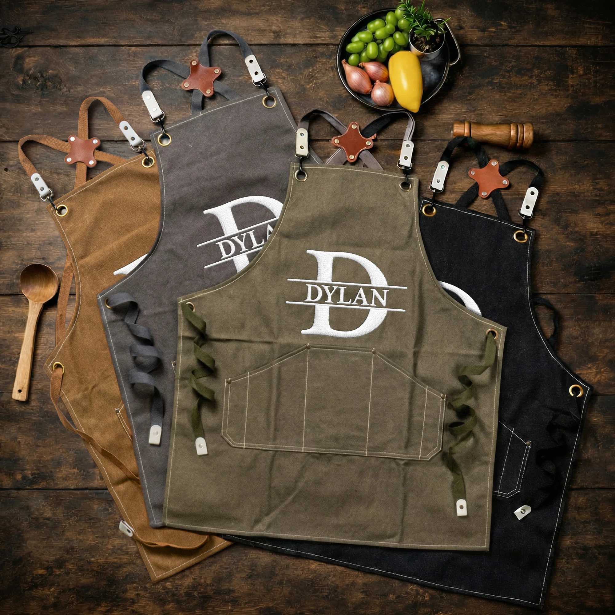 Vintage Monogram, Custom Name Gift For Him - Personalized Embroidered Apron - Image 3