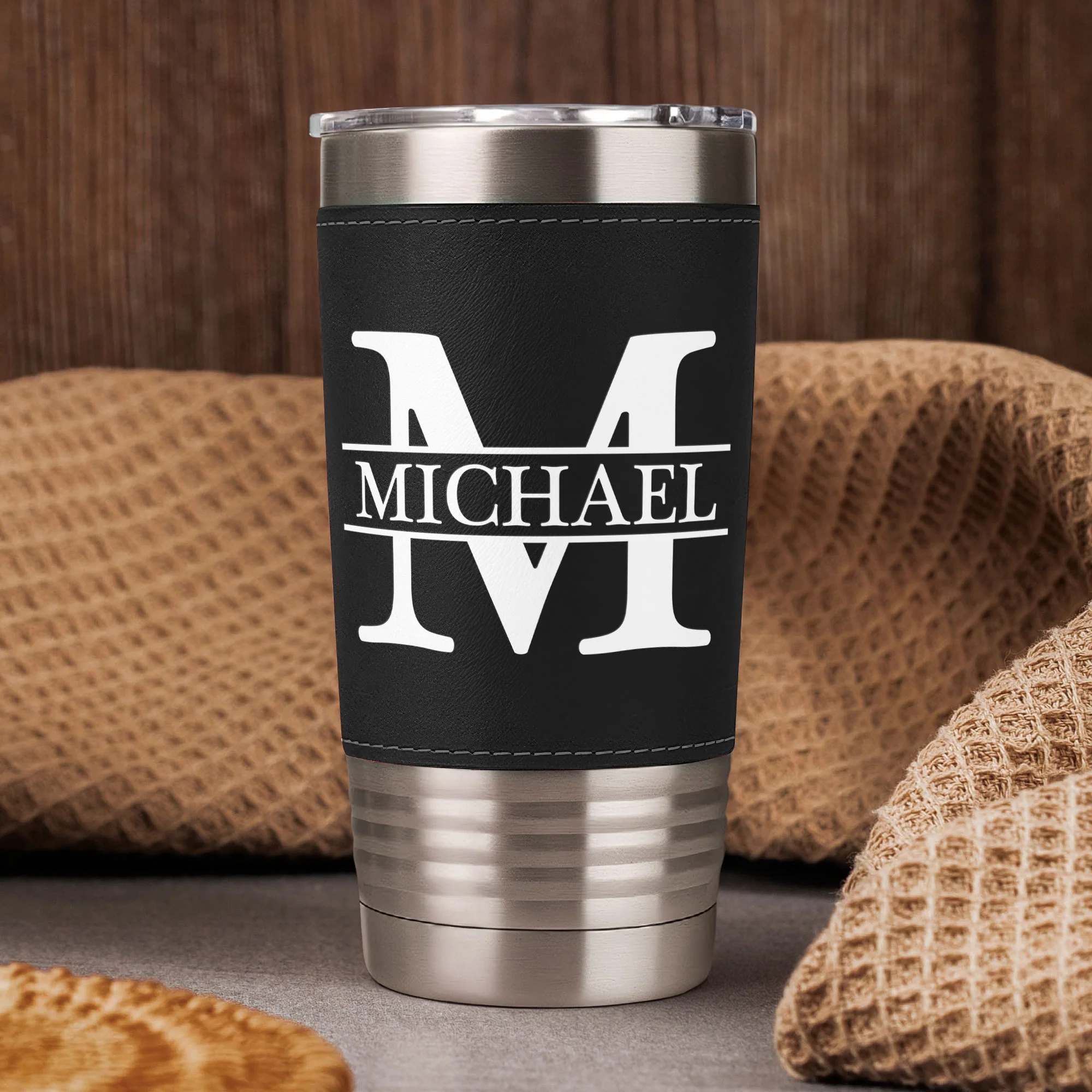 Vintage Monogram - Gift For Men, Husband, Dad - Personalized 20oz Leather Wrapped Tumbler - Image 3