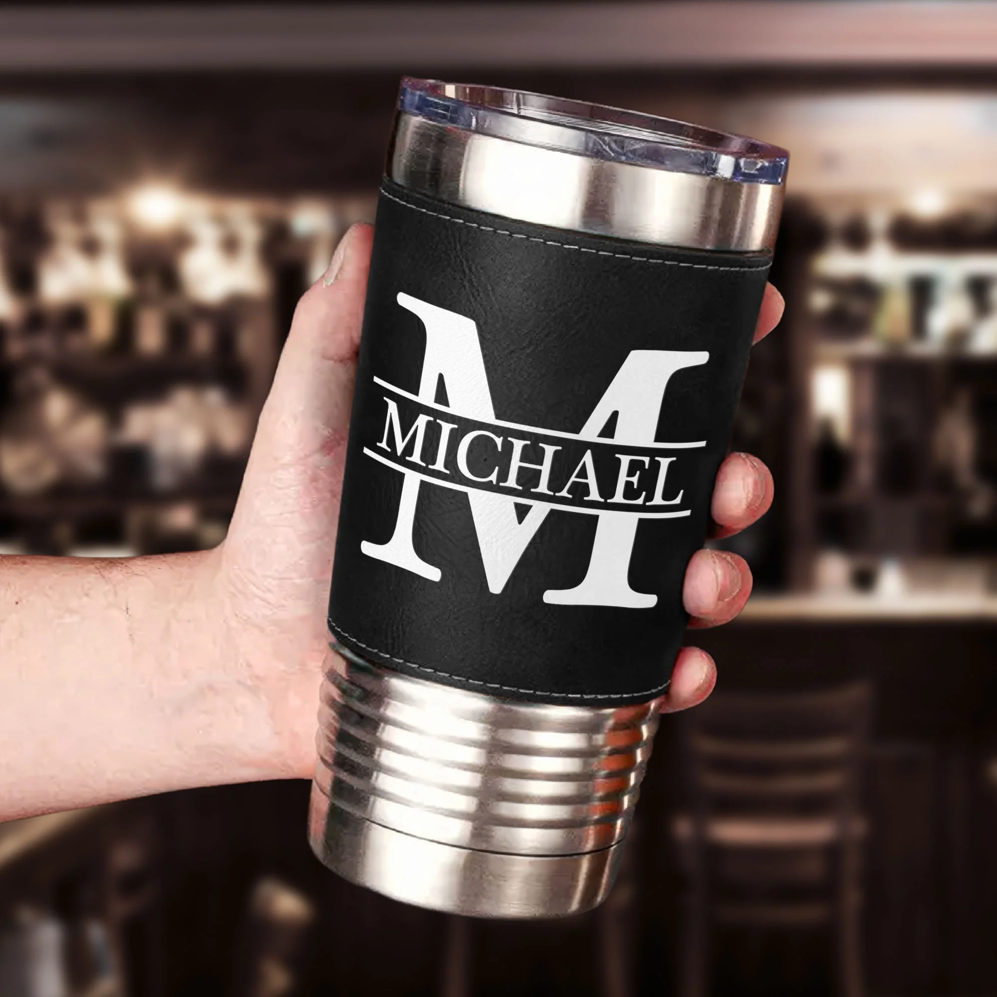 Vintage Monogram - Gift For Men, Husband, Dad - Personalized 20oz Leather Wrapped Tumbler - Image 4