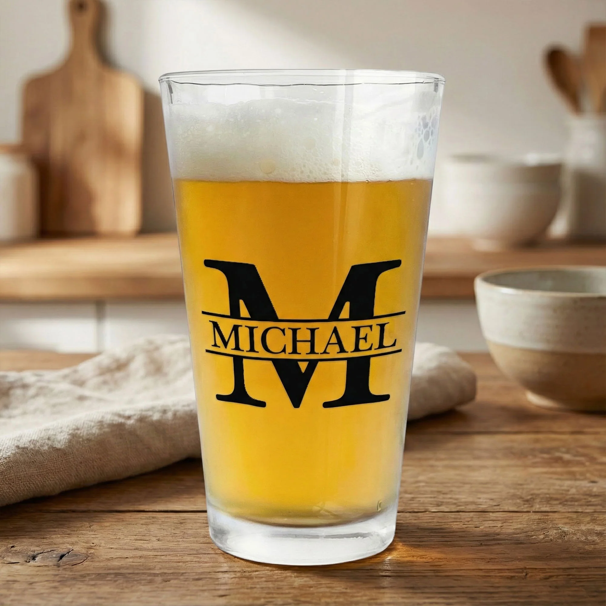 Vintage Monogram - Gift For Men, Husband, Dad - Personalized Beer Glass - Image 3